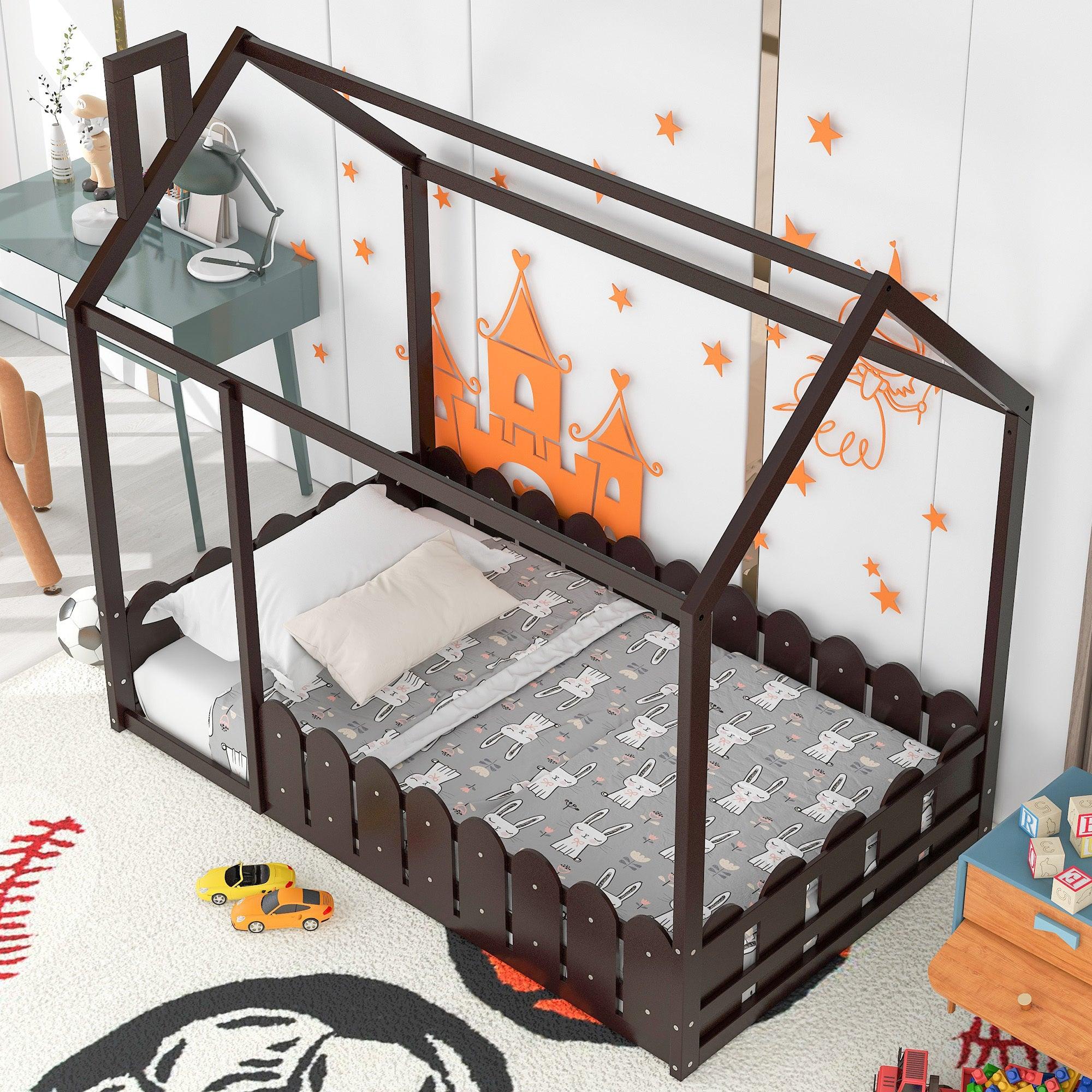 Twin Size Wood Bed House Bed Frame with Fence, for Kids, Teens, Girls, Boys (Espresso )