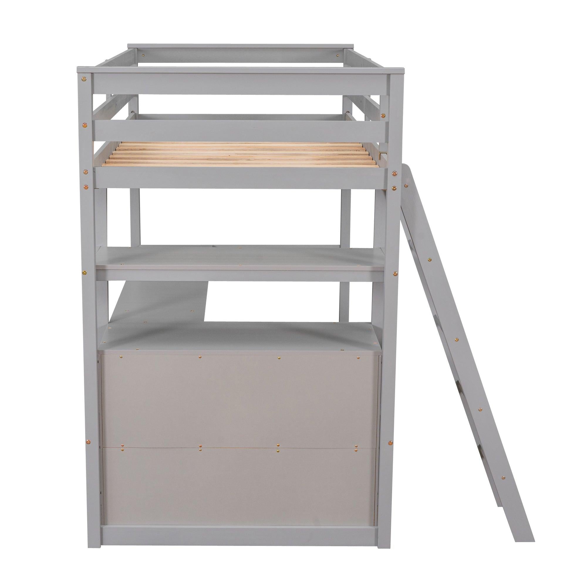 Twin Size Loft Bed with Desk and Shelves, Two Built-in Drawers, Gray