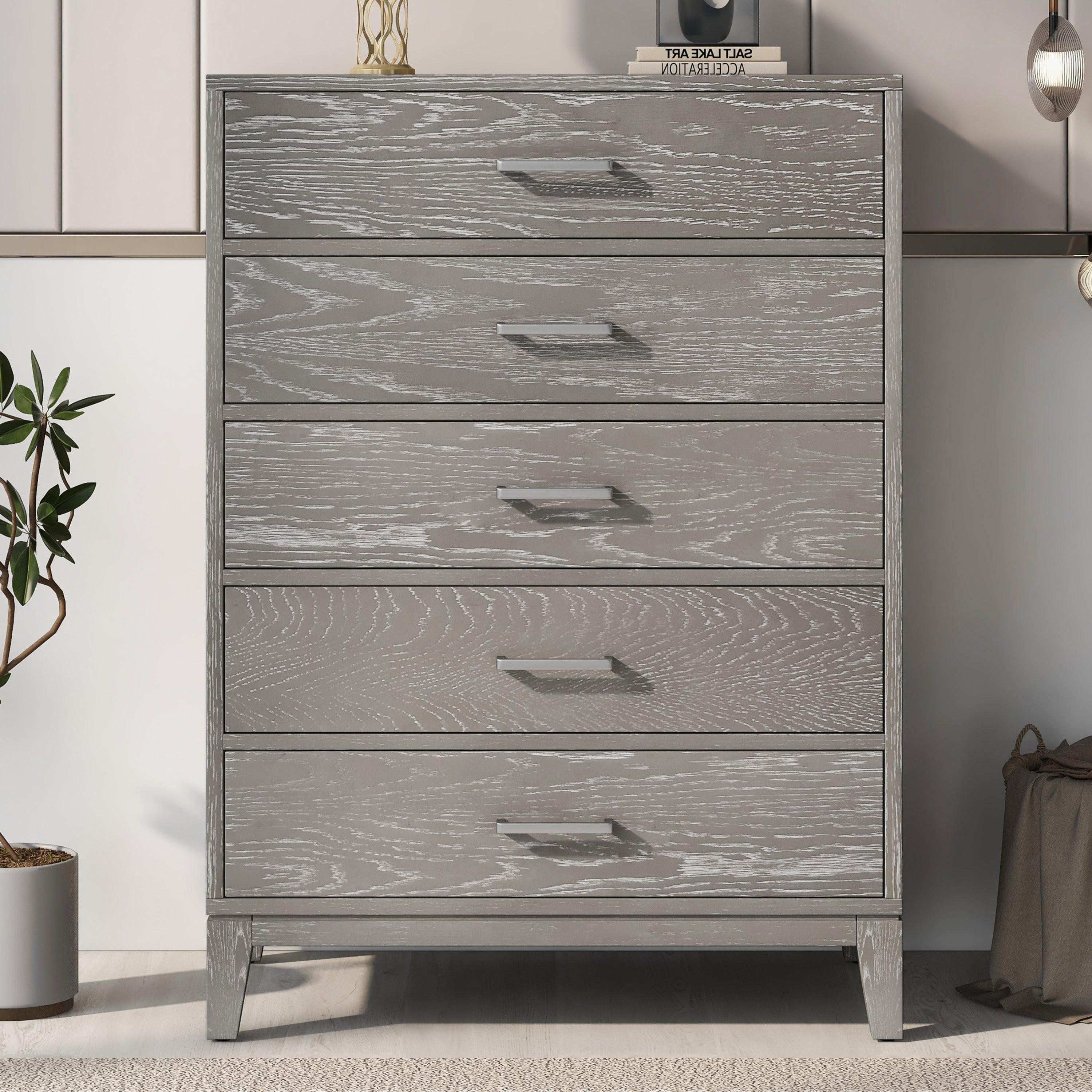 Modern Concise Style Solid wood Grey grain Five-Drawer Chest with Tapered Legs and Smooth Gliding Drawers image