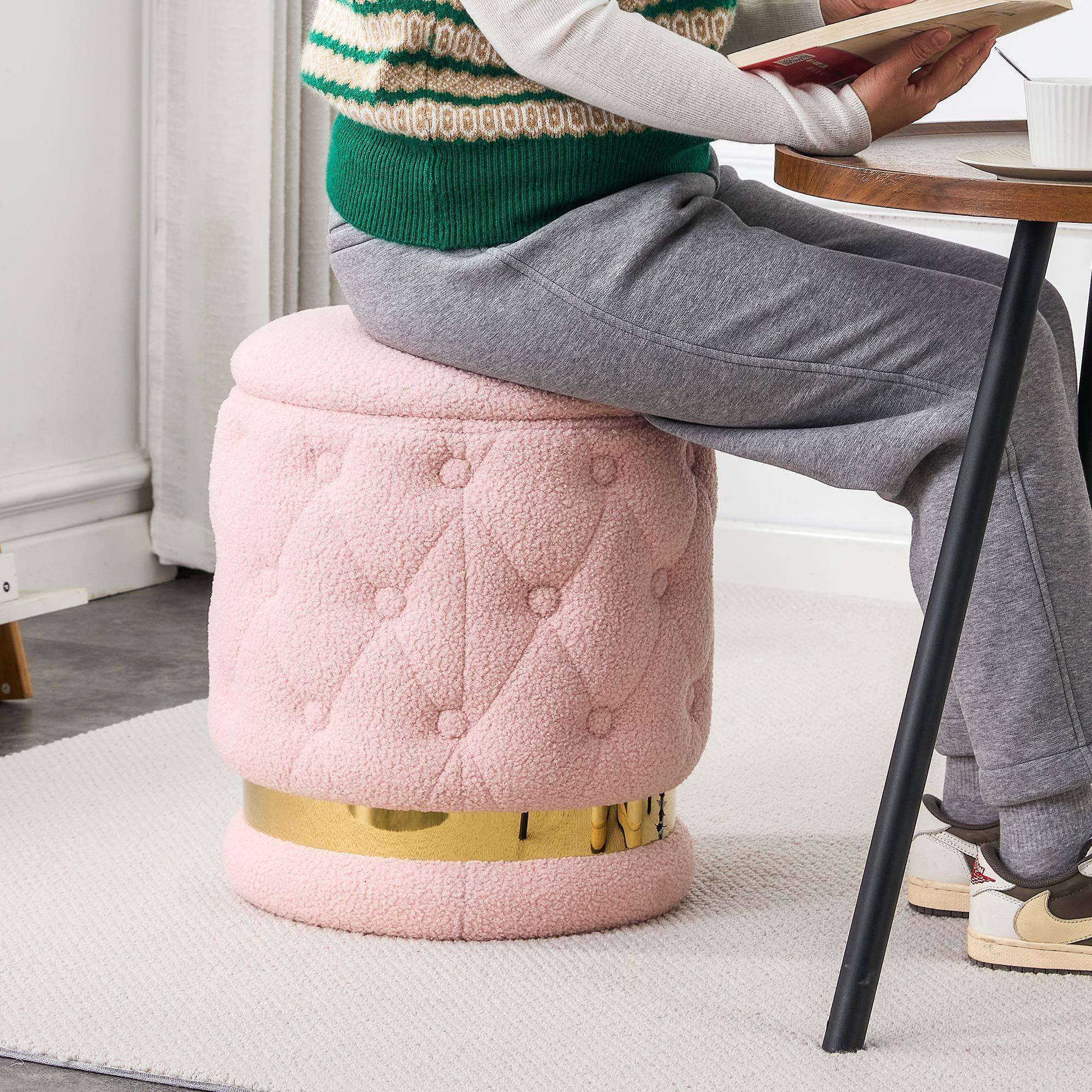 Chair Pink Round-shape Teddy velvet Makeup Stool Footstool, chair withStorage space .Applicable to living room dresser kitchen bedroom dining room