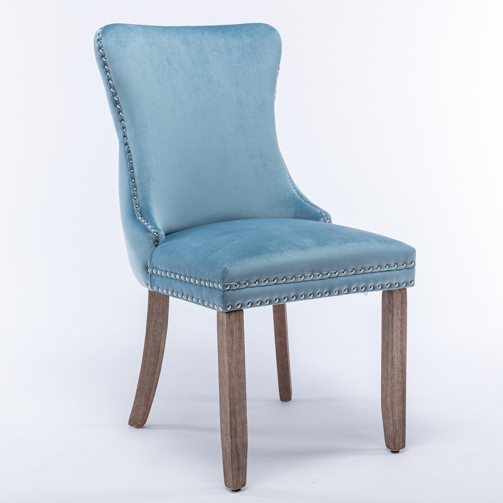 Cream Upholstered Wing-Back Dining Chair with Backstitching Nailhead Trim and Solid Wood Legs,Set of 2, Light Blue