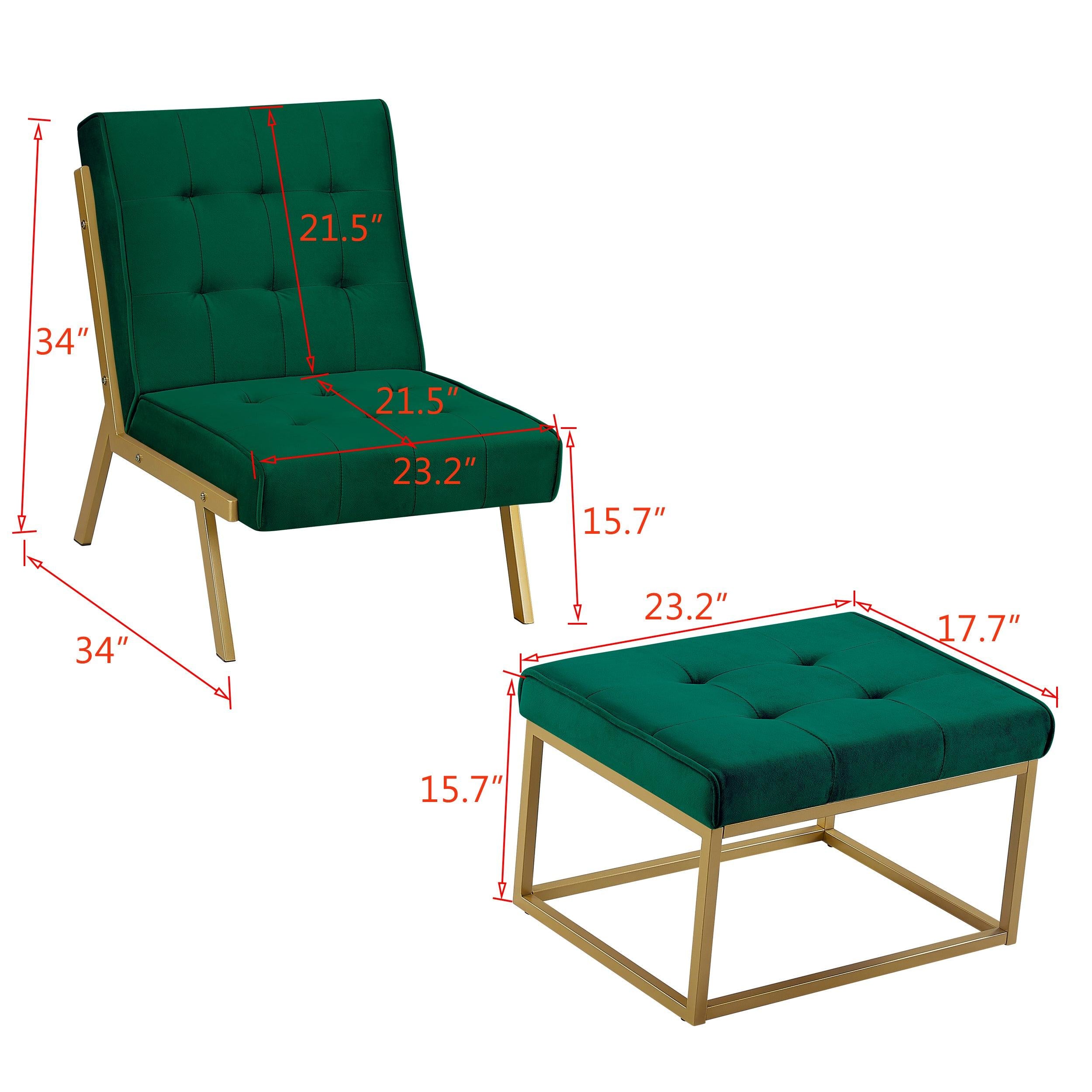 Gold Metal Frame Velvet Upholstery Chair with Ottoman(Green)