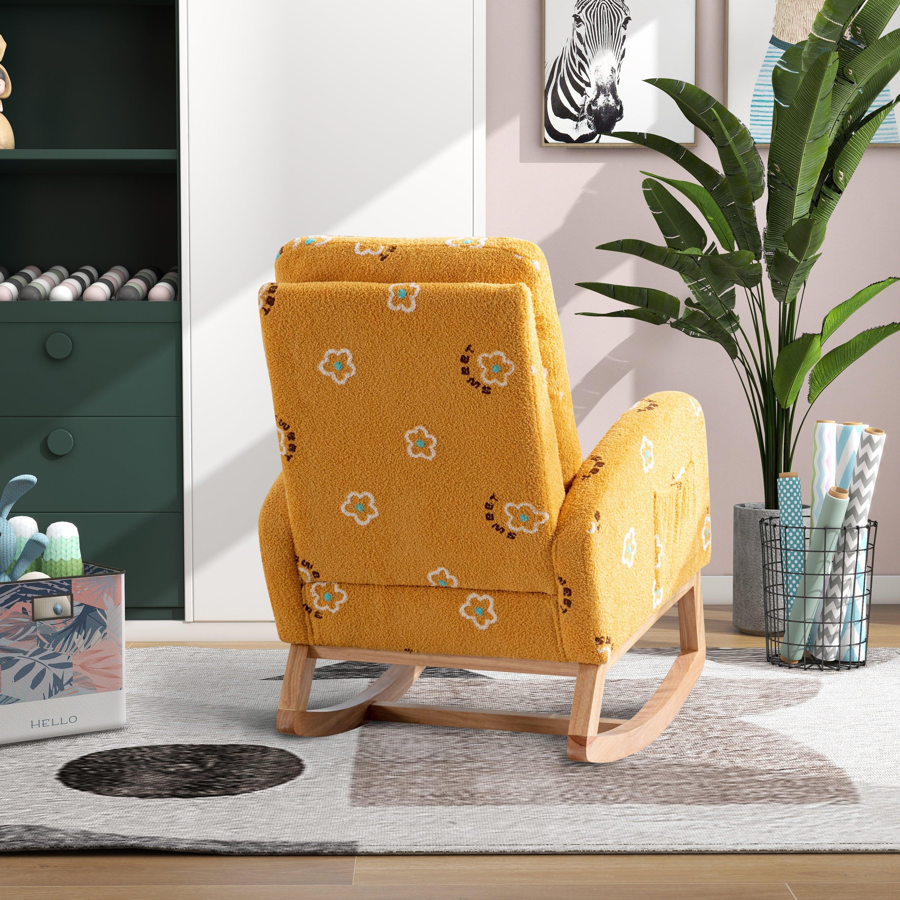 26.8"WModern Rocking Chair for Nursery, Mid Century Accent Rocker Armchair With Side Pocket, Upholstered High Back Wooden Rocking Chair for Living Room Baby Kids Room Bedroom, Mustard Boucle