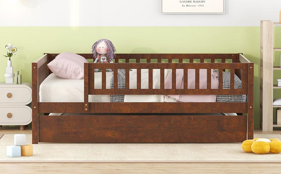 Full Size Wood Daybed with Trundle and Fence Guardrails, Walnut