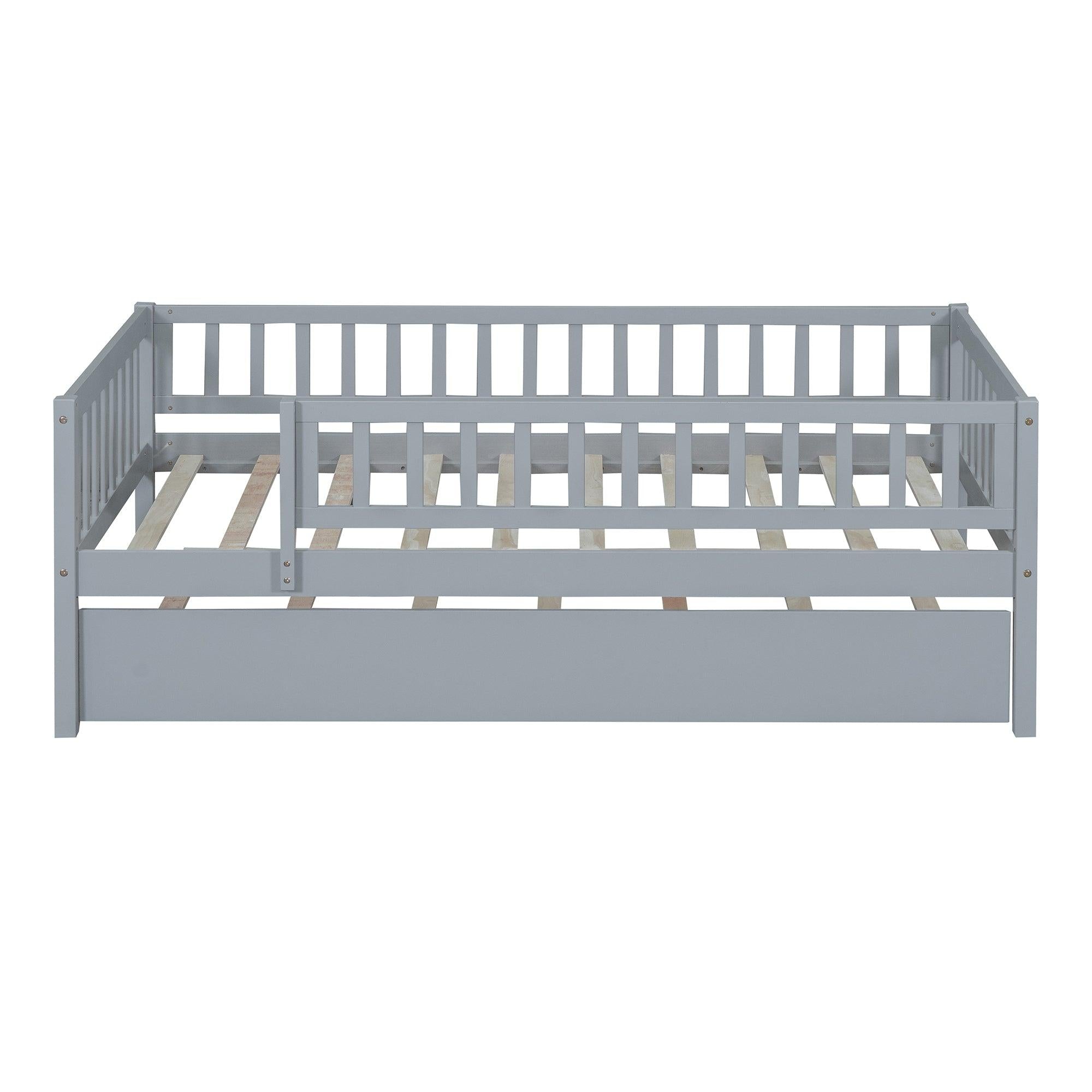 Twin Size Wood Daybed with Trundle and Fence Guardrails, Gray