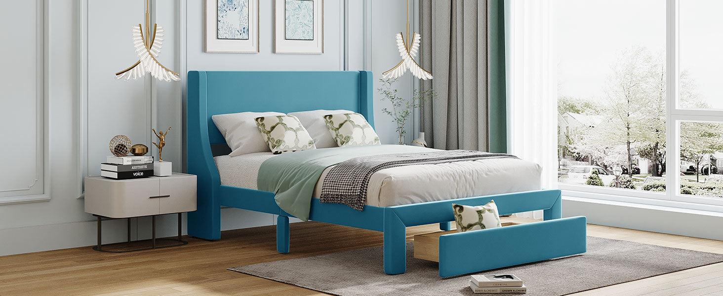 Full SizeStorage Bed Velvet Upholstered Platform Bed with a Big Drawer - Blue