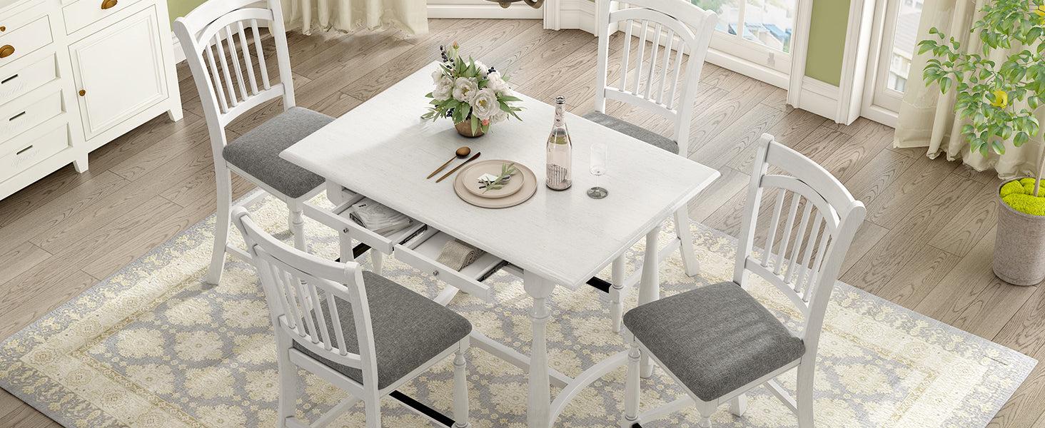 Mid-Century Farmhouse 5-Piece Wood Dining Table Set Counter Height Kitchen Furniture Set withStorage Drawers and 4 Upholstered Chairs, White