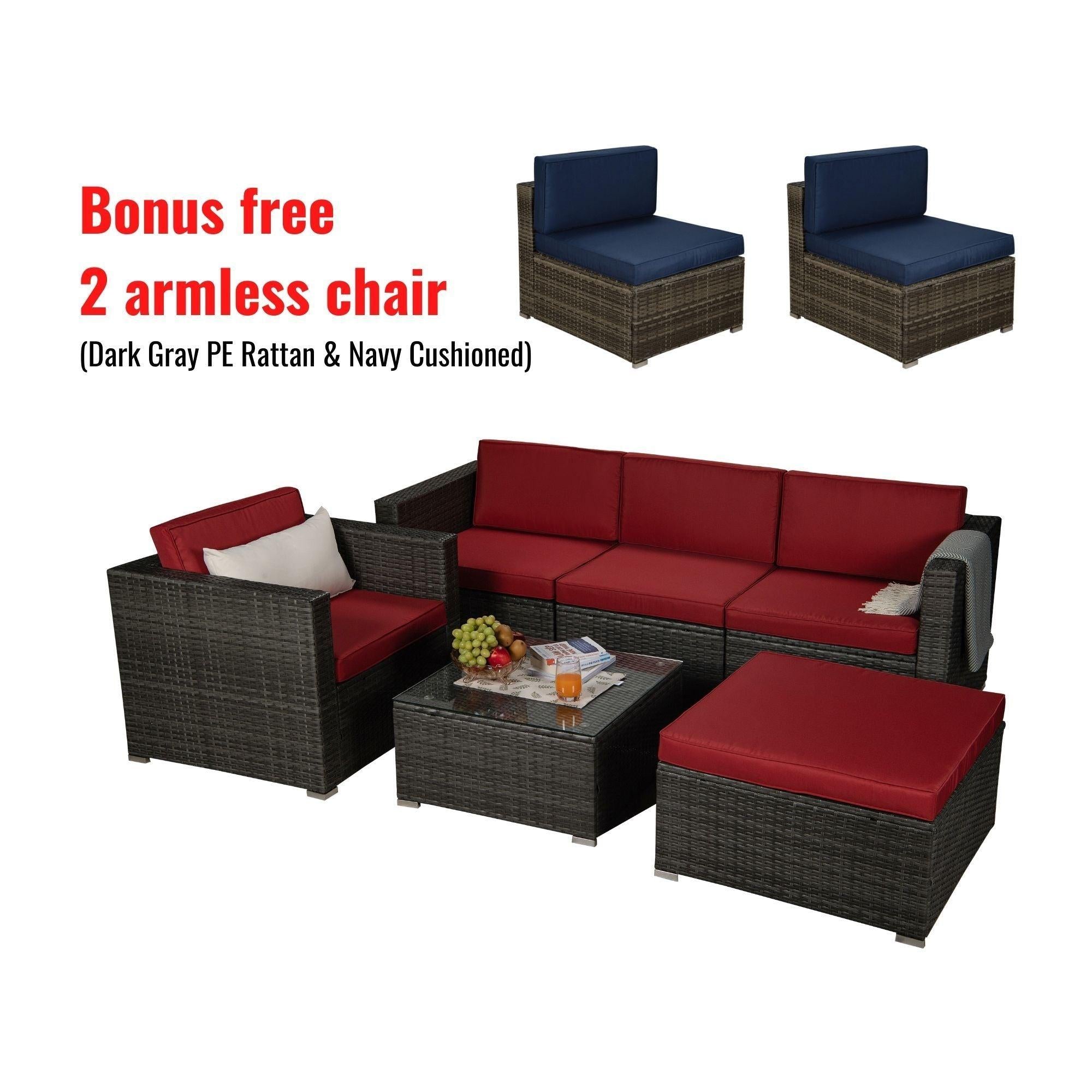 Outdoor Garden Patio Furniture 8-Piece Gray PE Rattan Wicker Sectional Red Cushioned Sofa Sets image