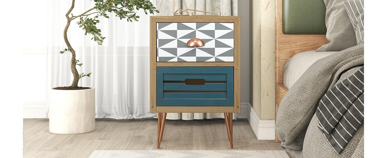 Wooden Nightstand with Two Drawer and Metal FeetModern Style Bedside Table (Natural)