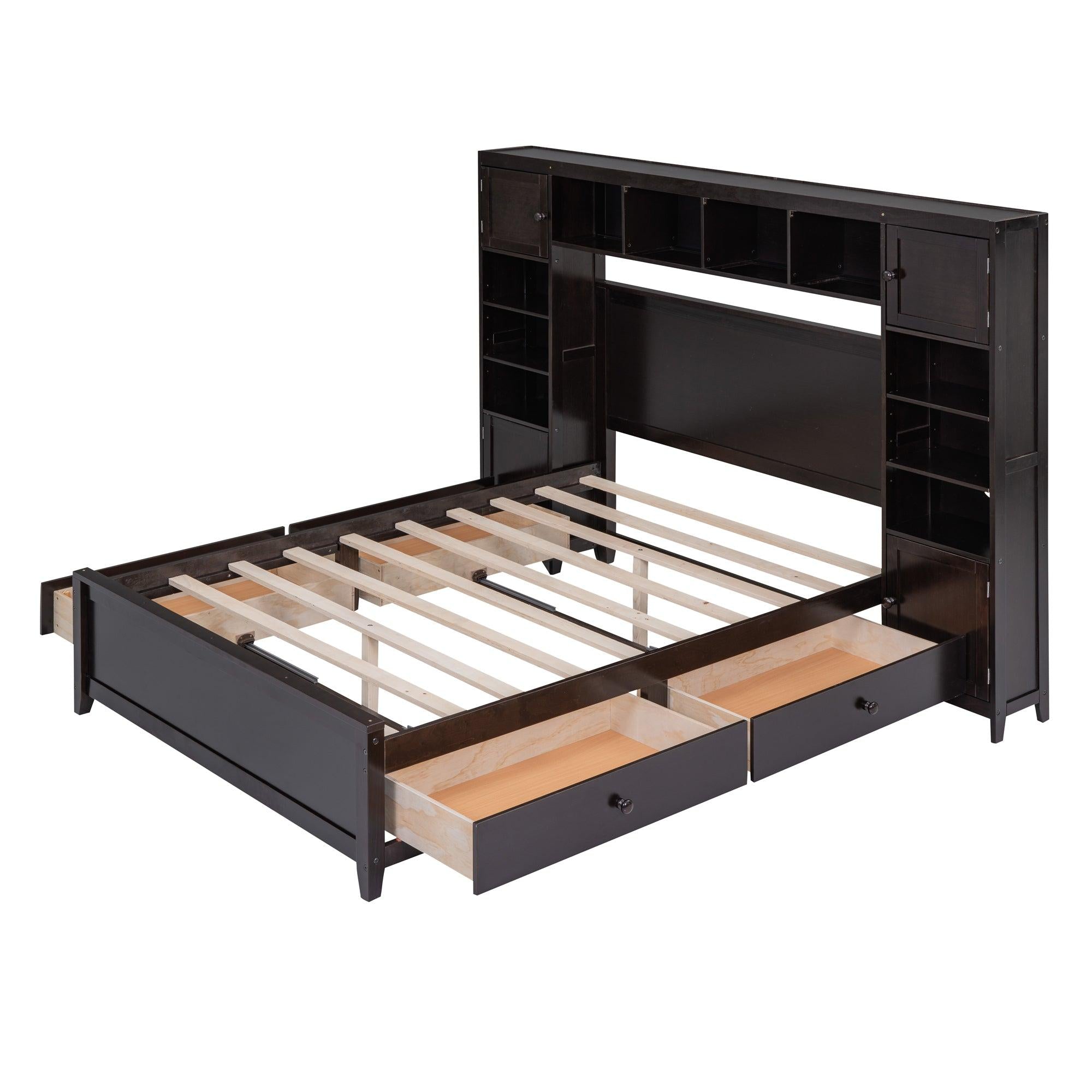 Full Size Wooden Bed With All-in-One Cabinet and Shelf, Espresso