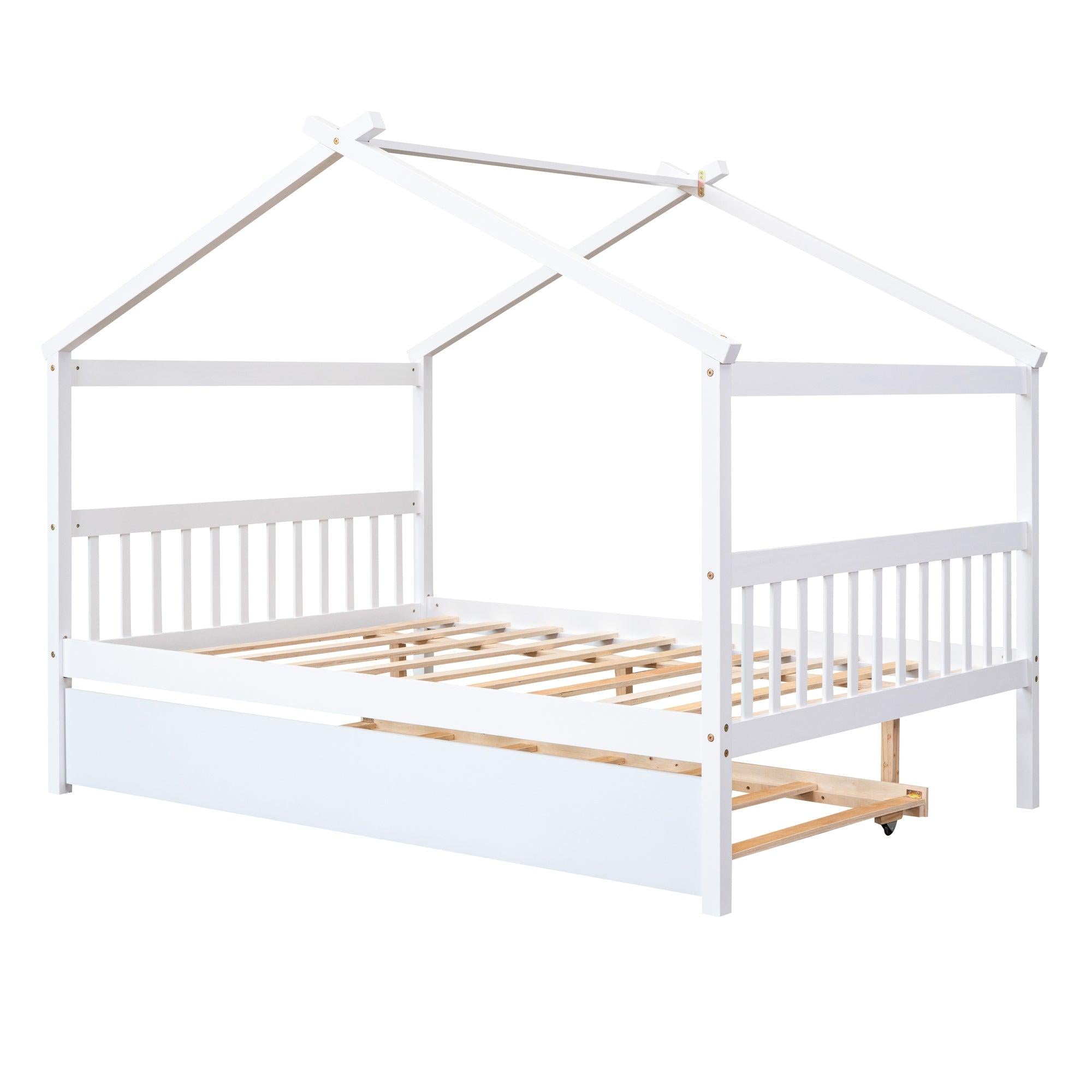 Full Size Wooden House Bed with Twin Size Trundle, White