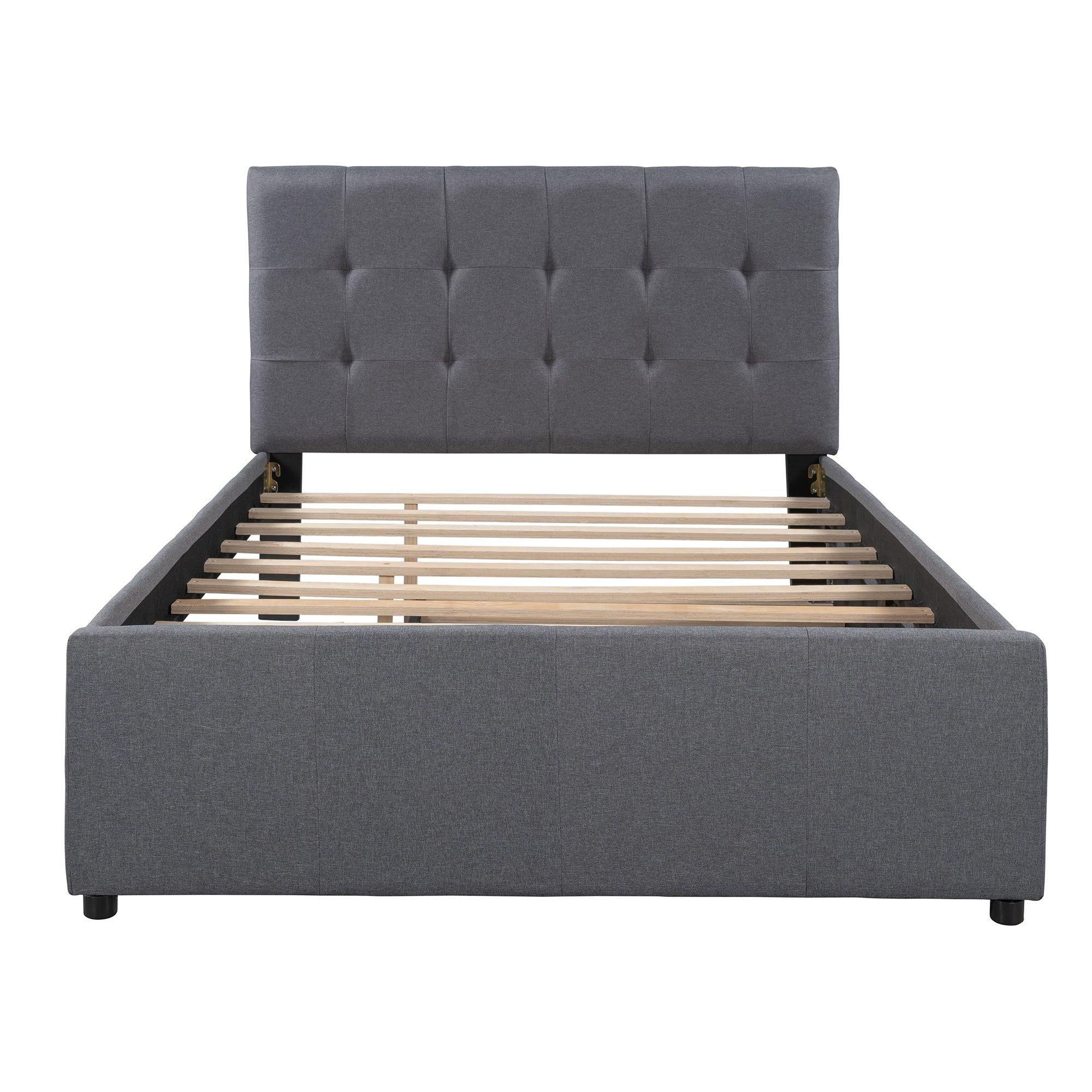 Linen Upholstered Platform Bed With Headboard and Trundle, Full