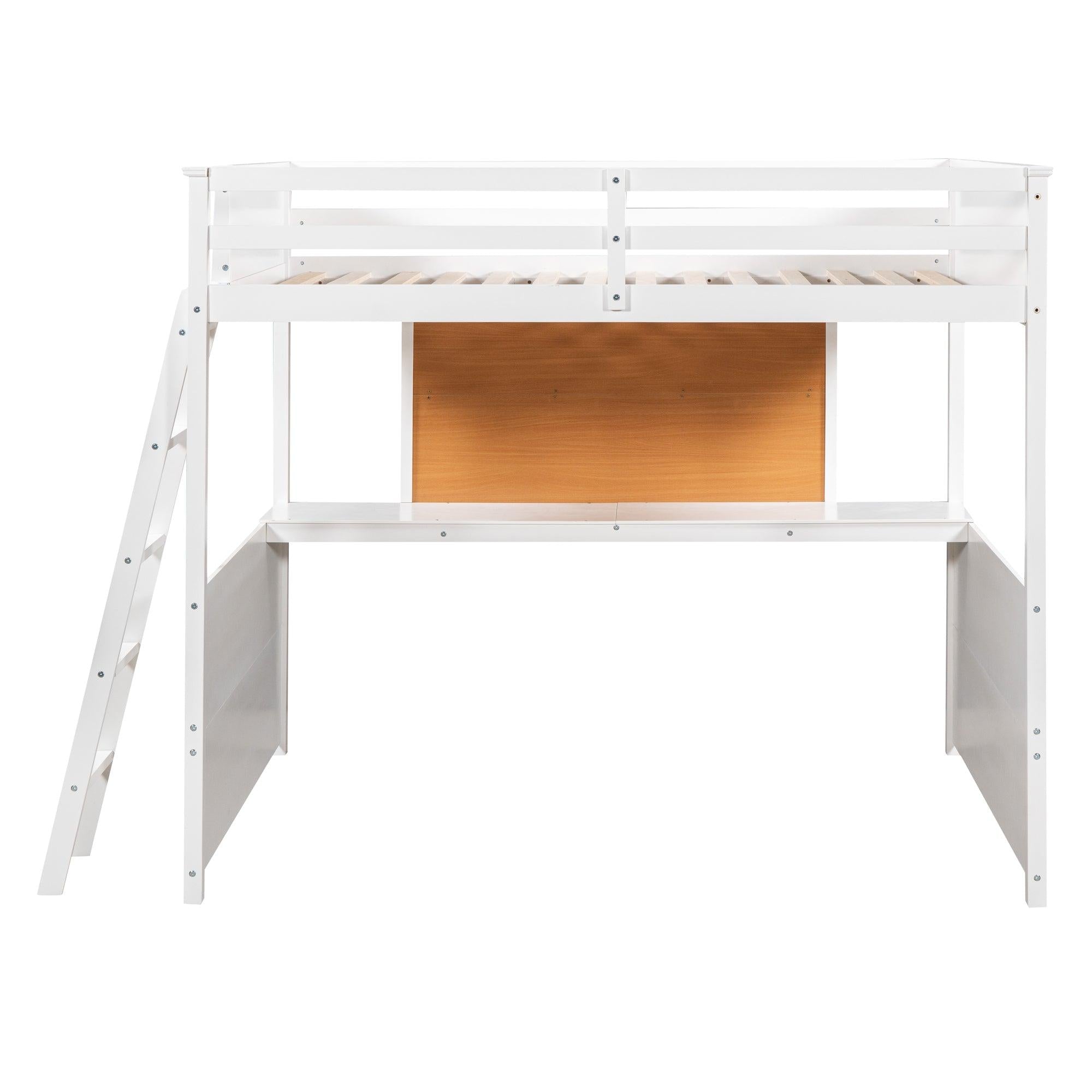 Full size Loft Bed with Desk and Writing Board, Wooden Loft Bed with Desk - White