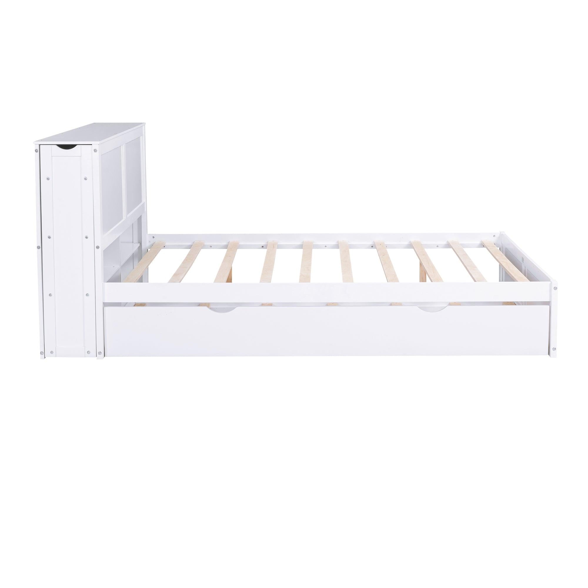 Queen SizeStorage Platform Bed with Pull Out Shelves and Twin Size Trundle, White