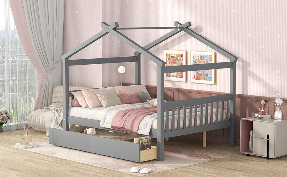 Full Size Wooden House Bed with Drawers, Gray