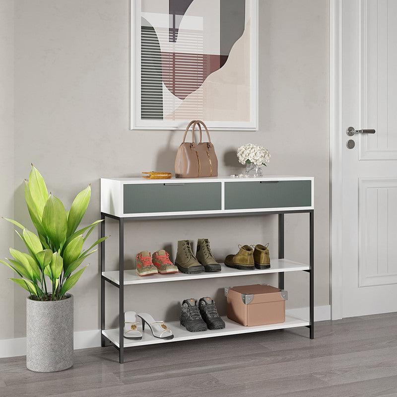 Louie White and Light Green Wood Console Table Steel Frame with Shelves and Drawers