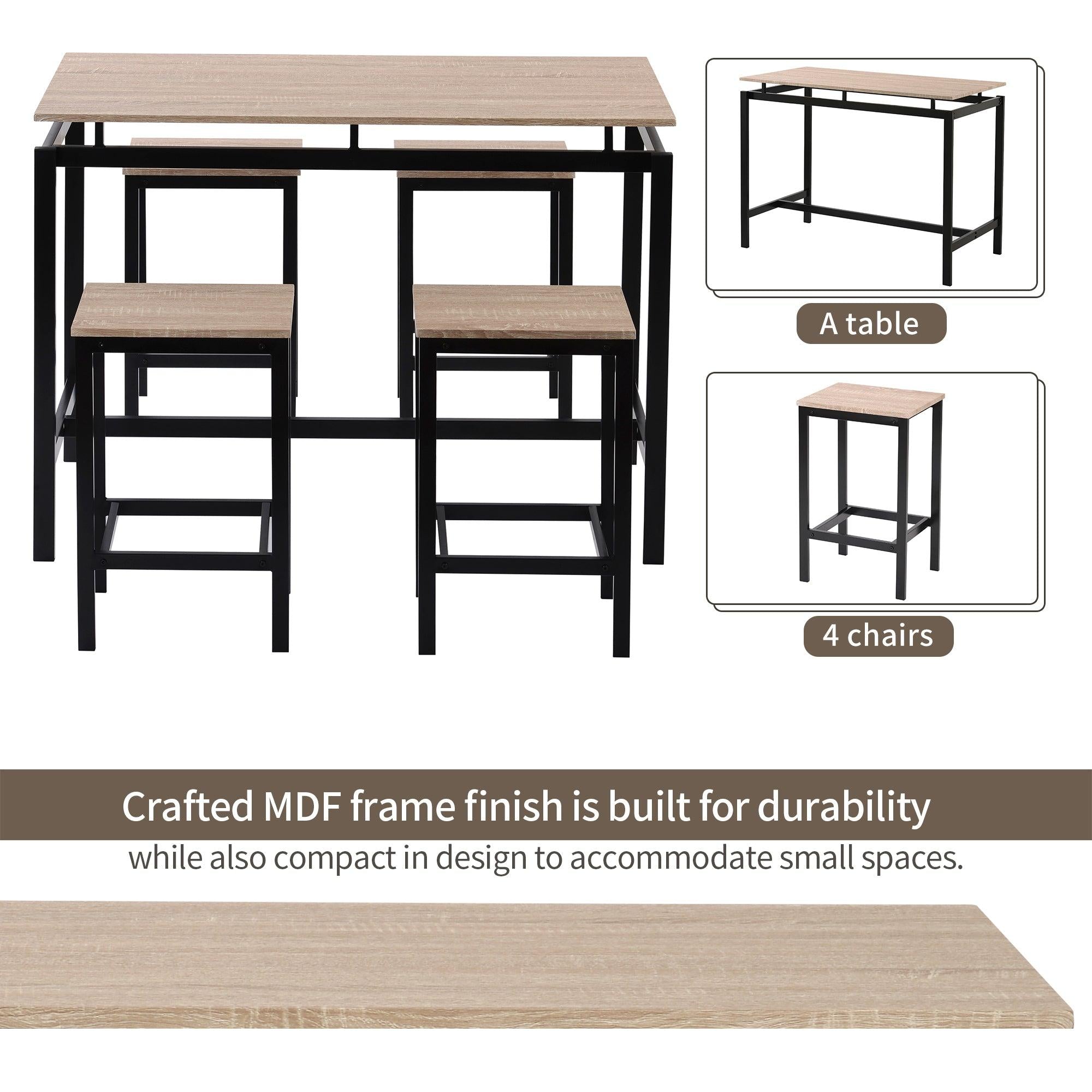 5-Piece Kitchen Counter Height Table Set, Industrial Dining Table with 4 Chairs (Oak)