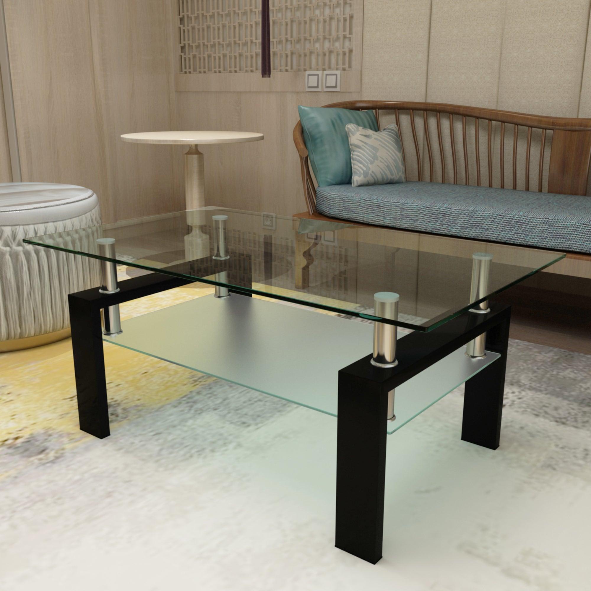 Rectangle Black Glass Coffee Table, Clear Coffee Table,Modern Side Center Tables for Living Room, Living Room Furniture