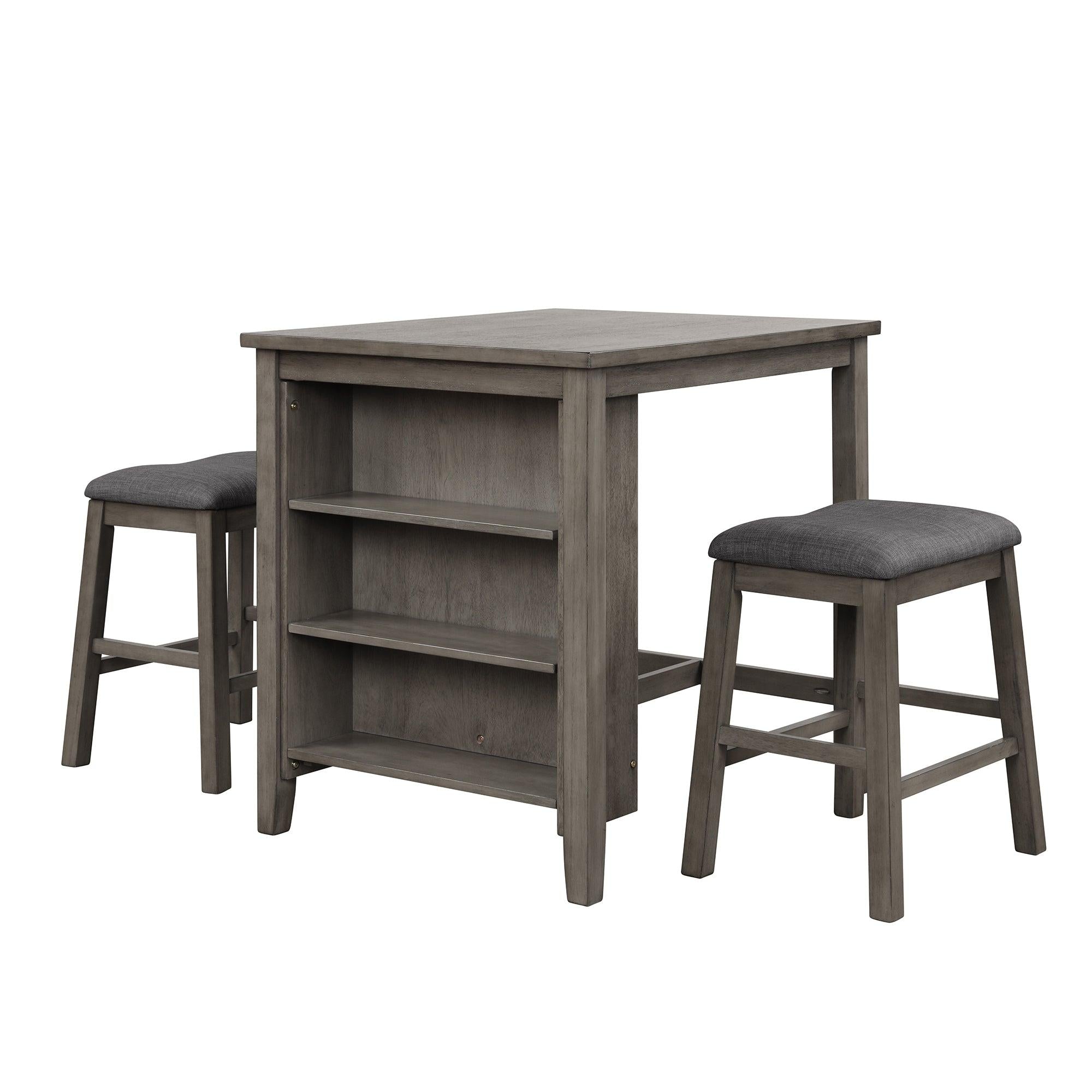 3 Piece Dining Table with Padded Stools, Table Set withStorage Shelf,Dark Gray