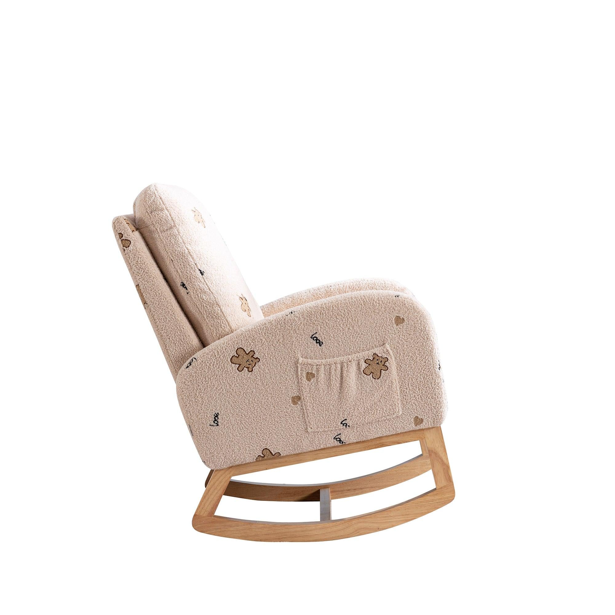 26.8"WModern Rocking Chair for Nursery, Mid Century Accent Rocker Armchair With Side Pocket, Upholstered High Back Wooden Rocking Chair for Living Room Baby Kids Room Bedroom, Beige Boucle