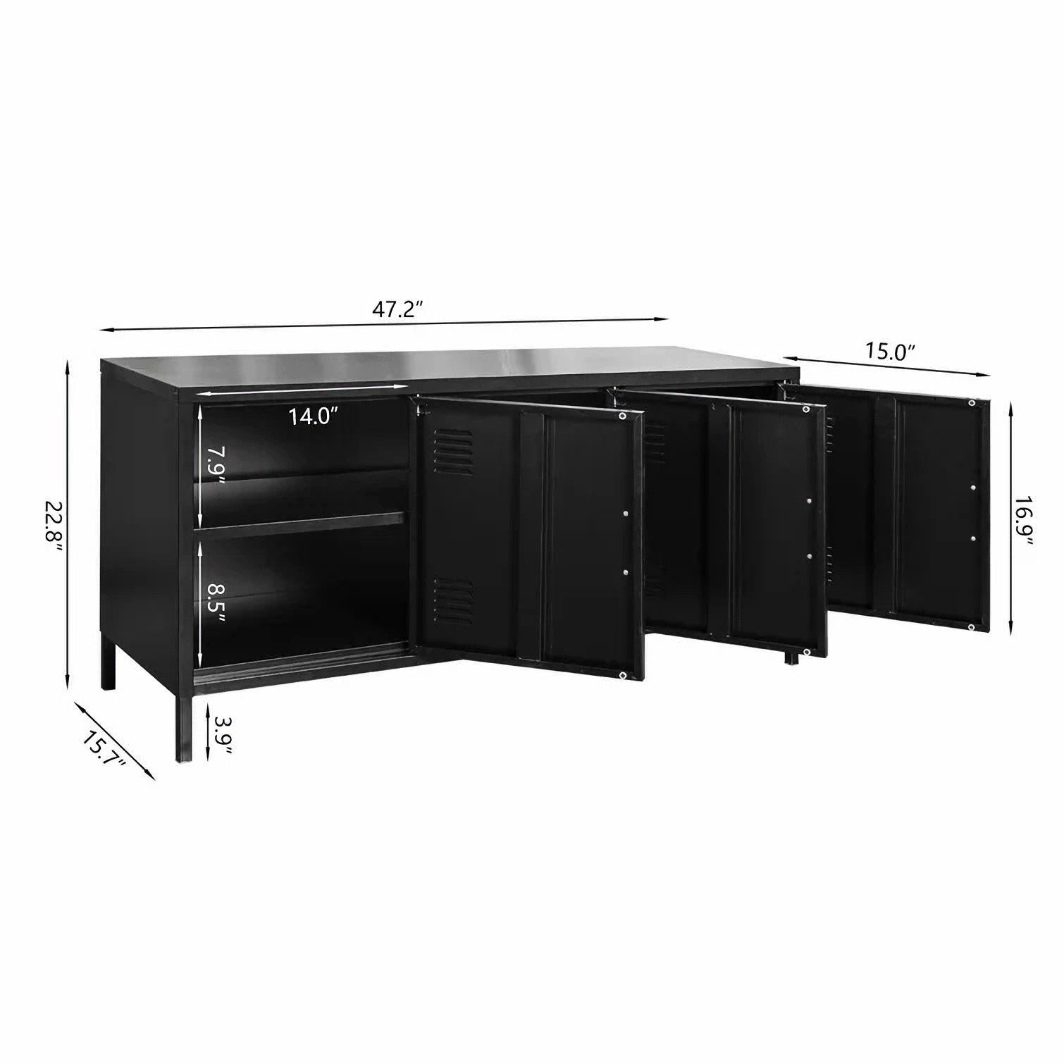 3 Door Metal Locker TV Cabinet with Shelf Industrial SteelStorage Cabinet TV Stand for Living Room (Black)