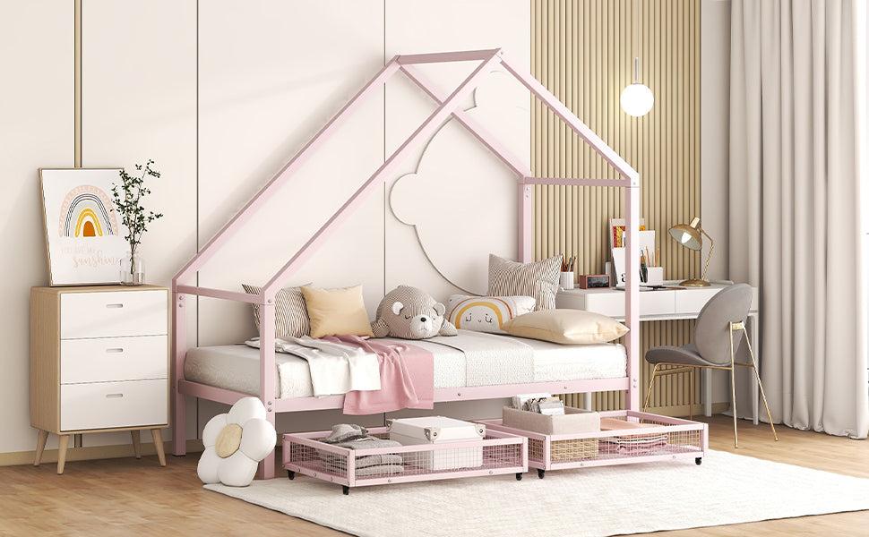 Twin Size Metal House Bed with TwoStorage Drawers, Pink