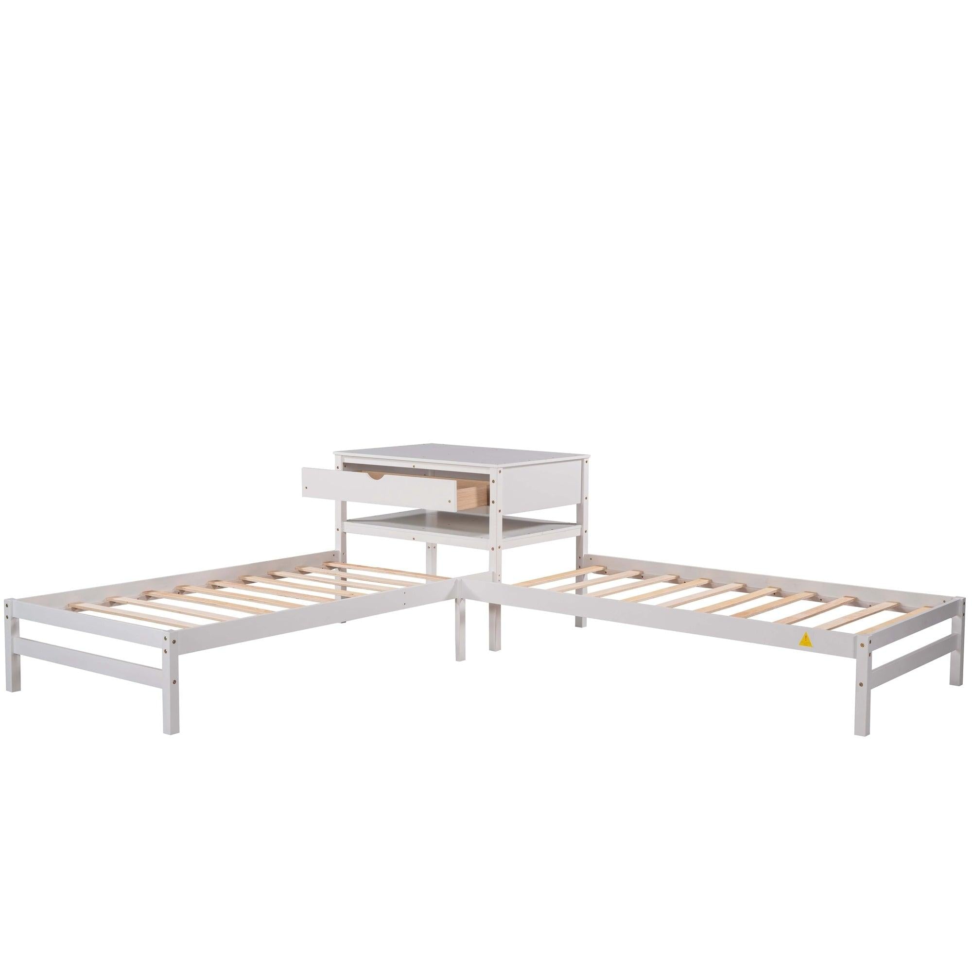 Twin Size L-Shaped Platform Beds with Drawer Linked with Built-in Rectangle Table,White