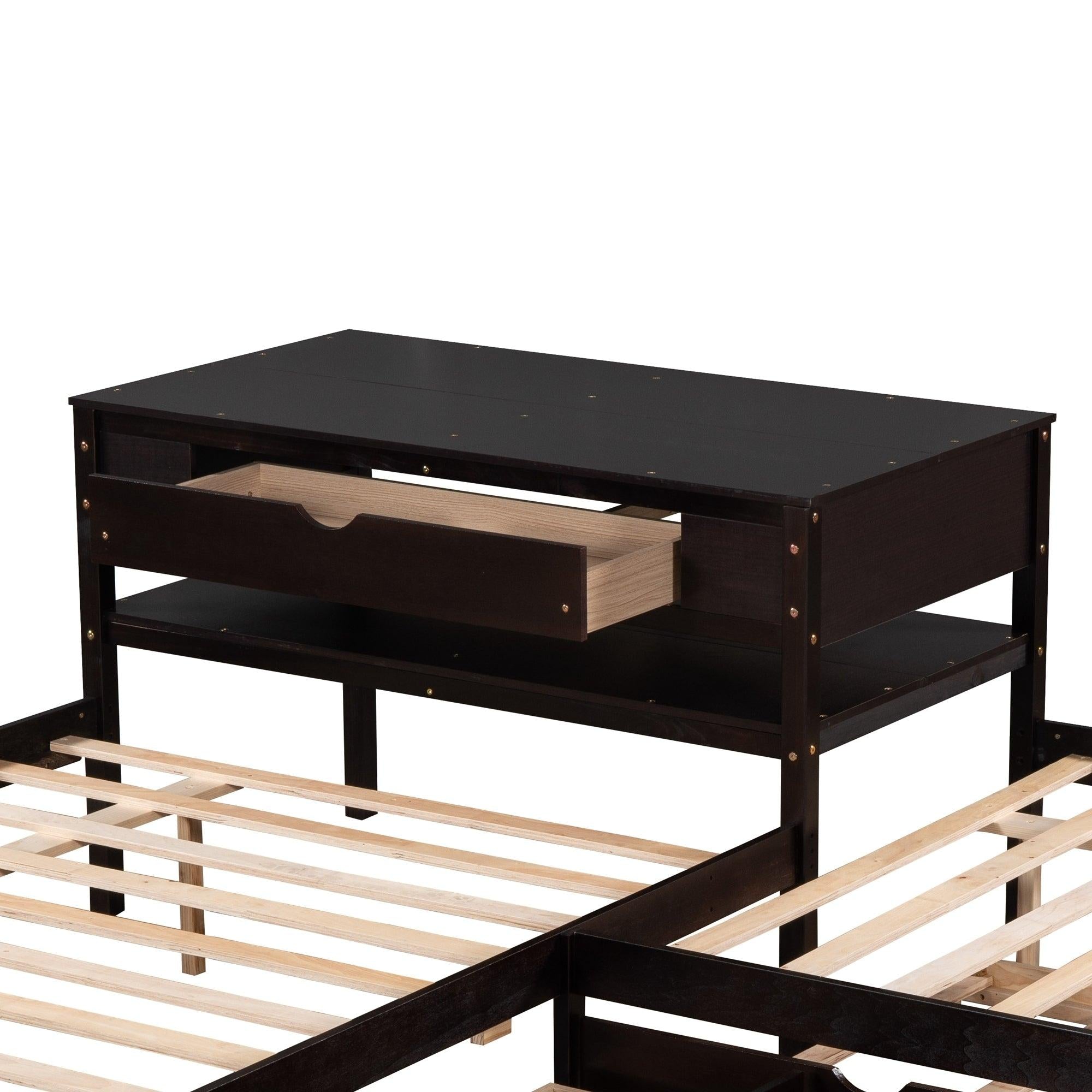 Full Size L-shaped Platform Beds with Twin Size Trundle and Drawers Linked with Built-in Rectangle Table,Espresso