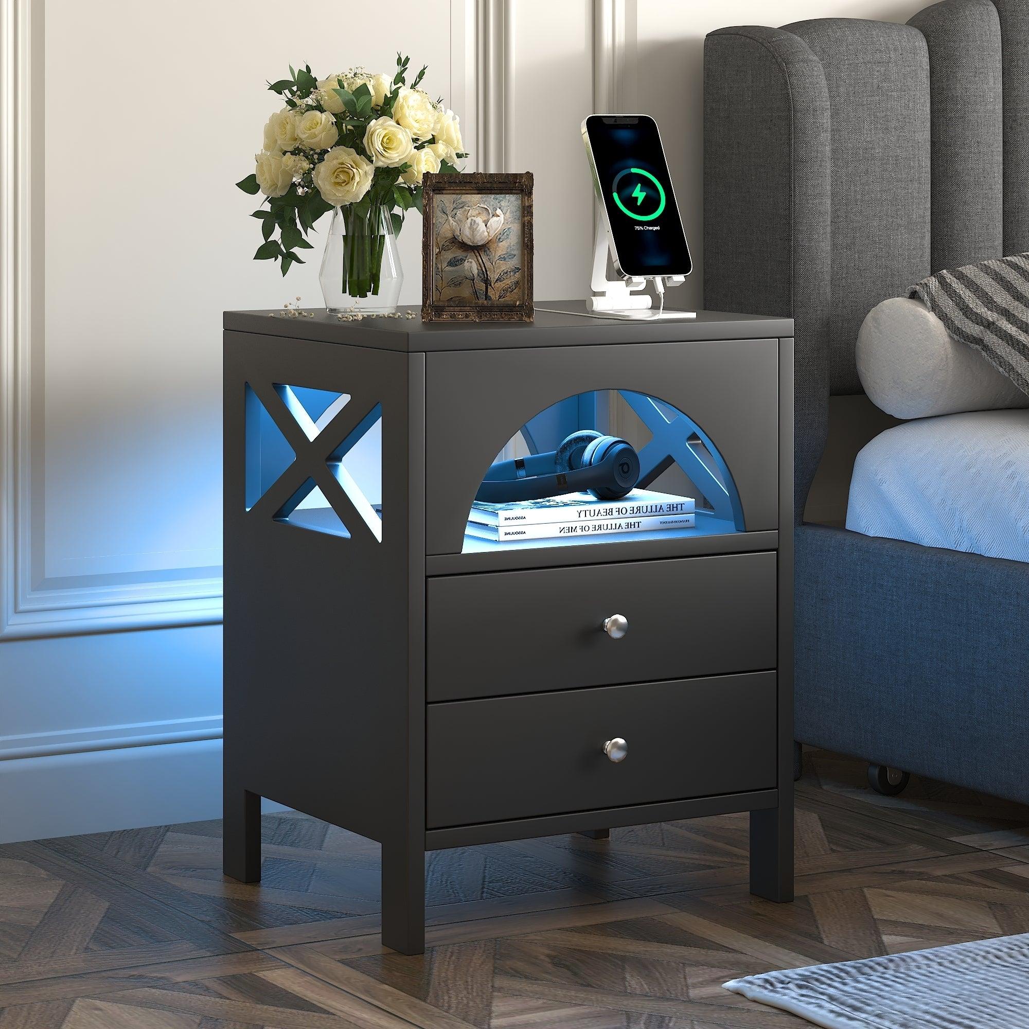 Nightstand with USB Charging Ports and LED Lights,End Table with 2 Drawers and Shelf,Black