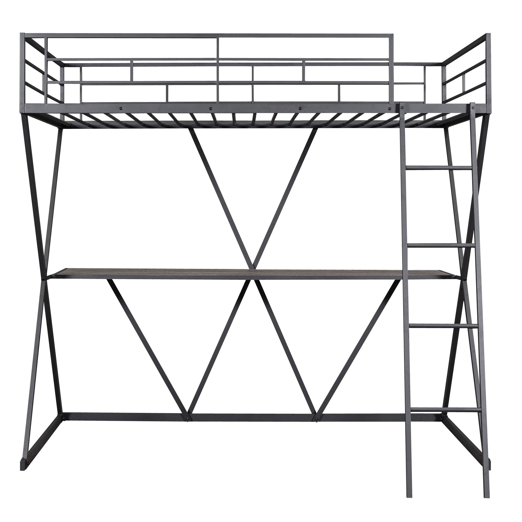 Twin Size Loft Bed with Desk, Ladder and Full-Length Guardrails, X-Shaped Frame, Black+B70608