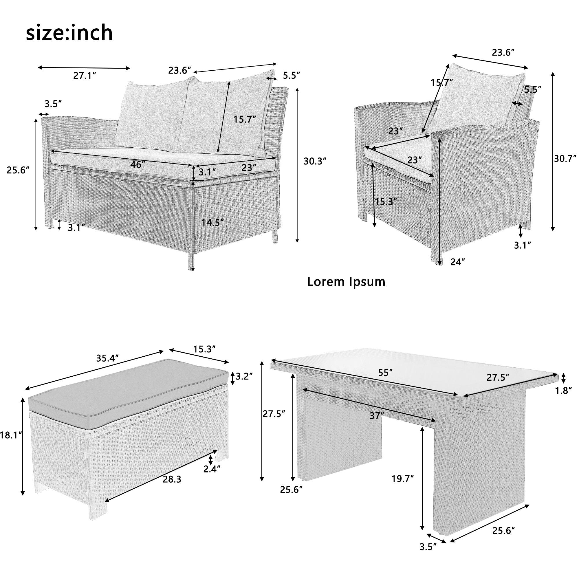 Patio Furniture Set, 6 Piece Outdoor Conversation Set, Dining Table Chair with Bench and Cushions