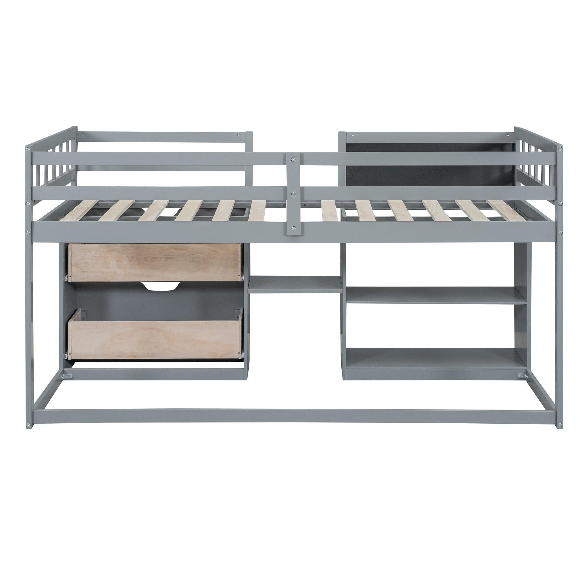 Twin Size Low Loft Bed with Rolling Desk, Shelf and Drawers - Gray