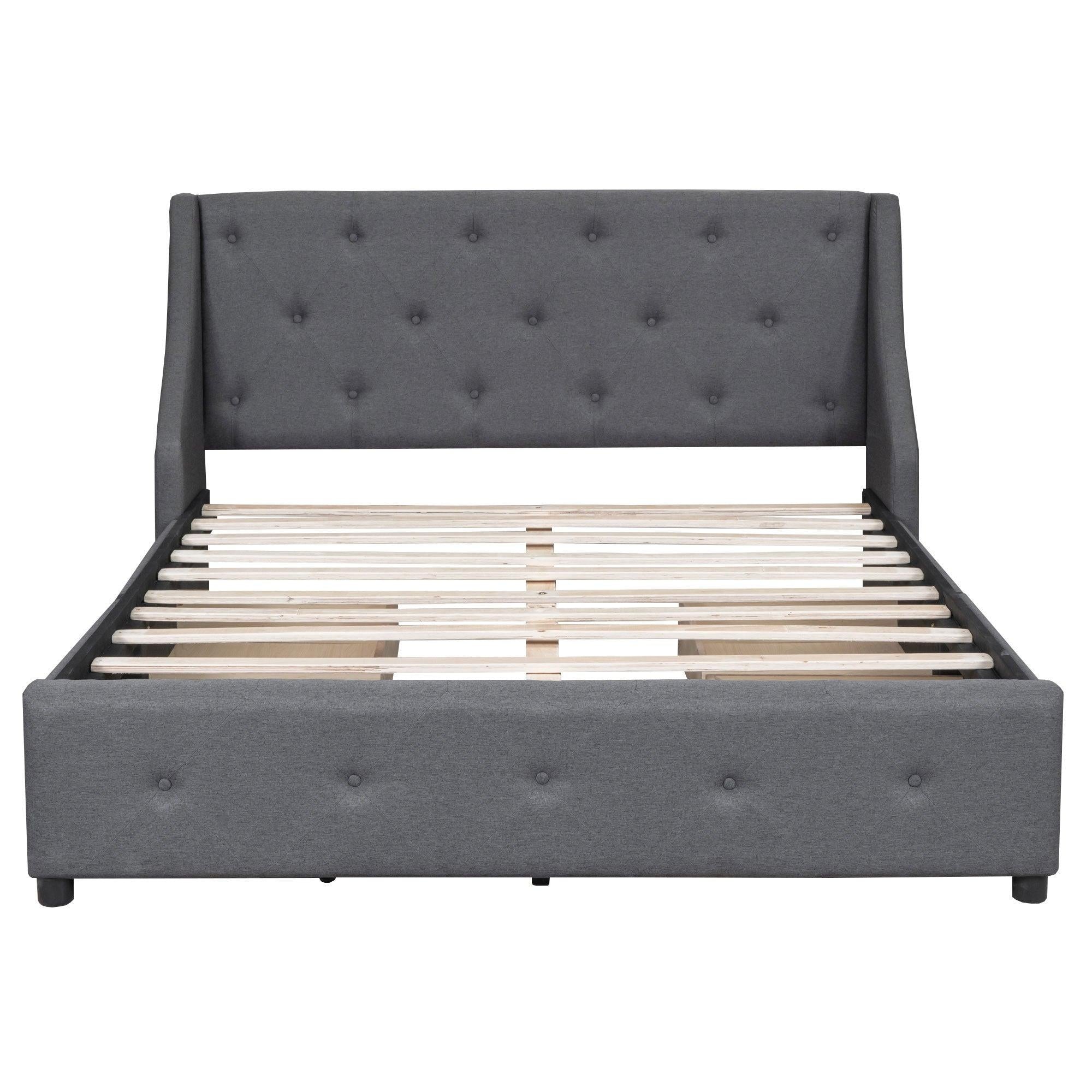 Upholstered Platform Bed with Wingback Tufted Headboard and 4 Drawers, No Box Spring Needed, Linen Fabric, Queen Size Gray