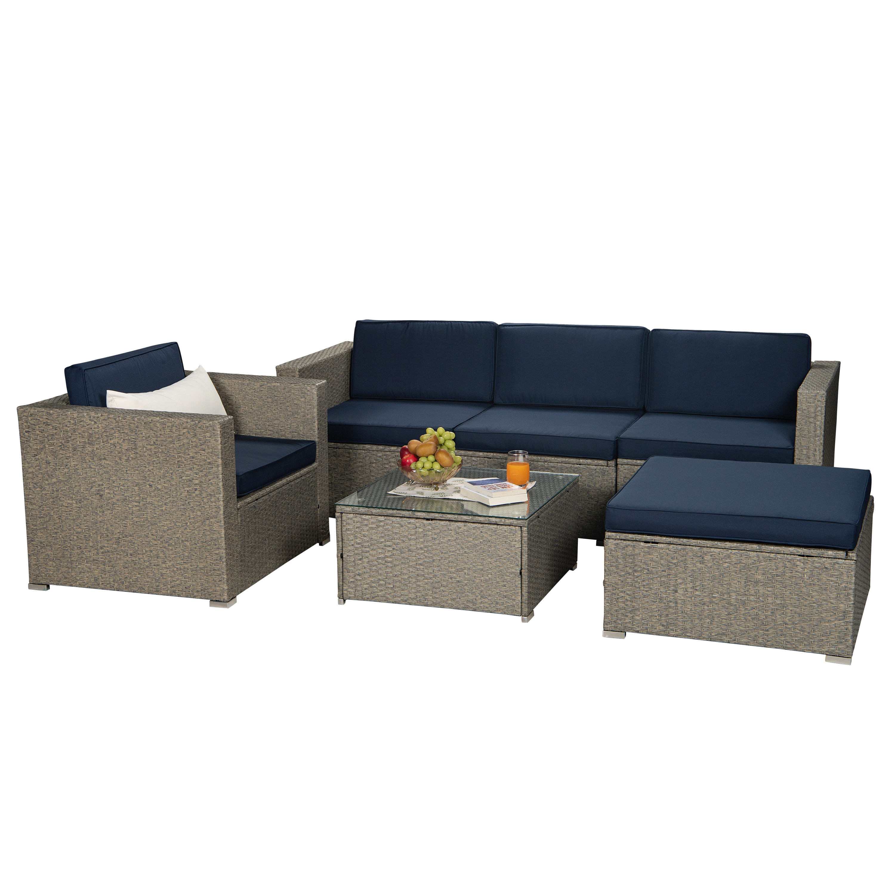 Outdoor Garden Patio Furniture 6-Piece Gray Mix Yellow PE Rattan Sectional Navy Cushioned Wicker Sofa Set with 1 Beige Pillows