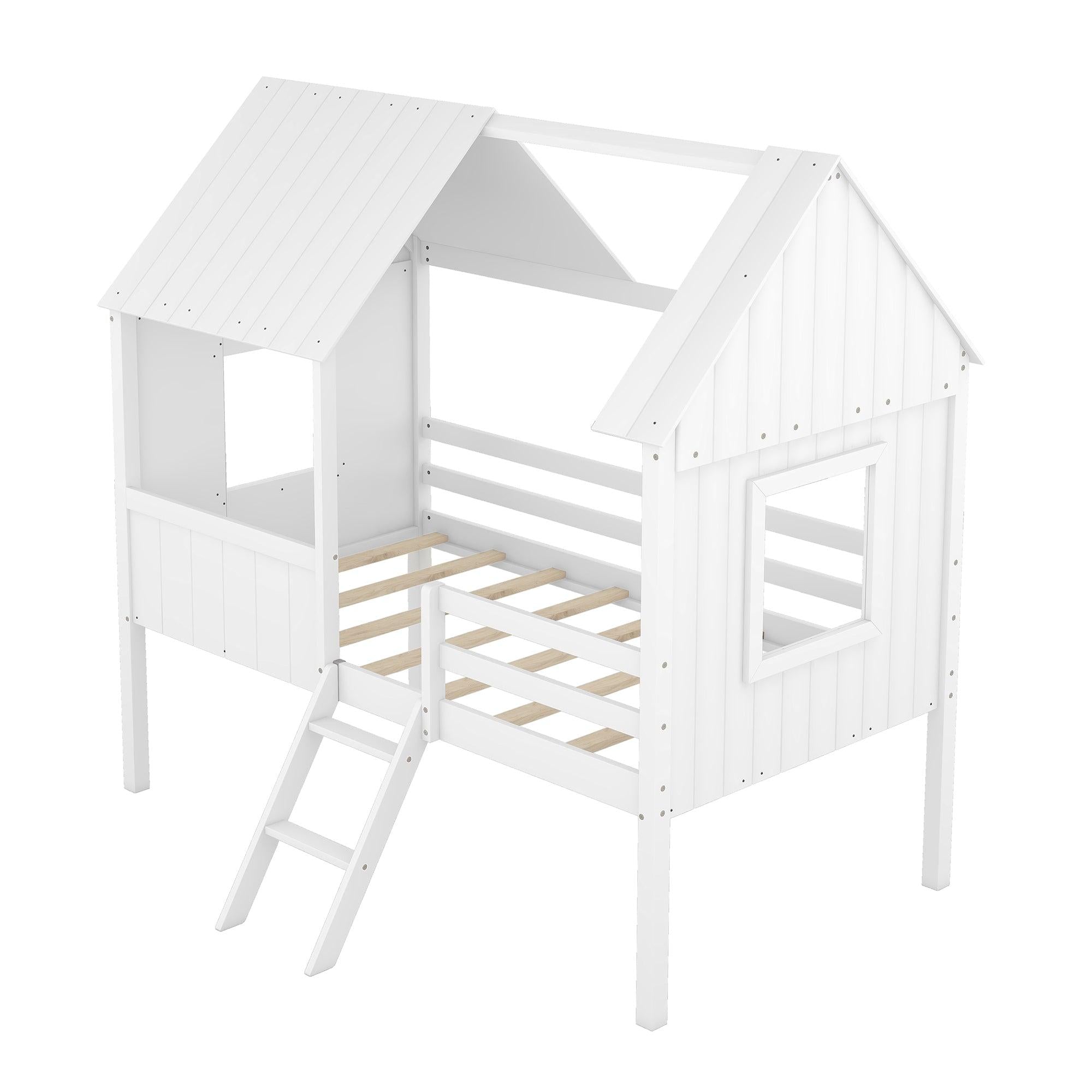 Twin Size Low Loft Wood House Bed with Two Side Windows  (White)