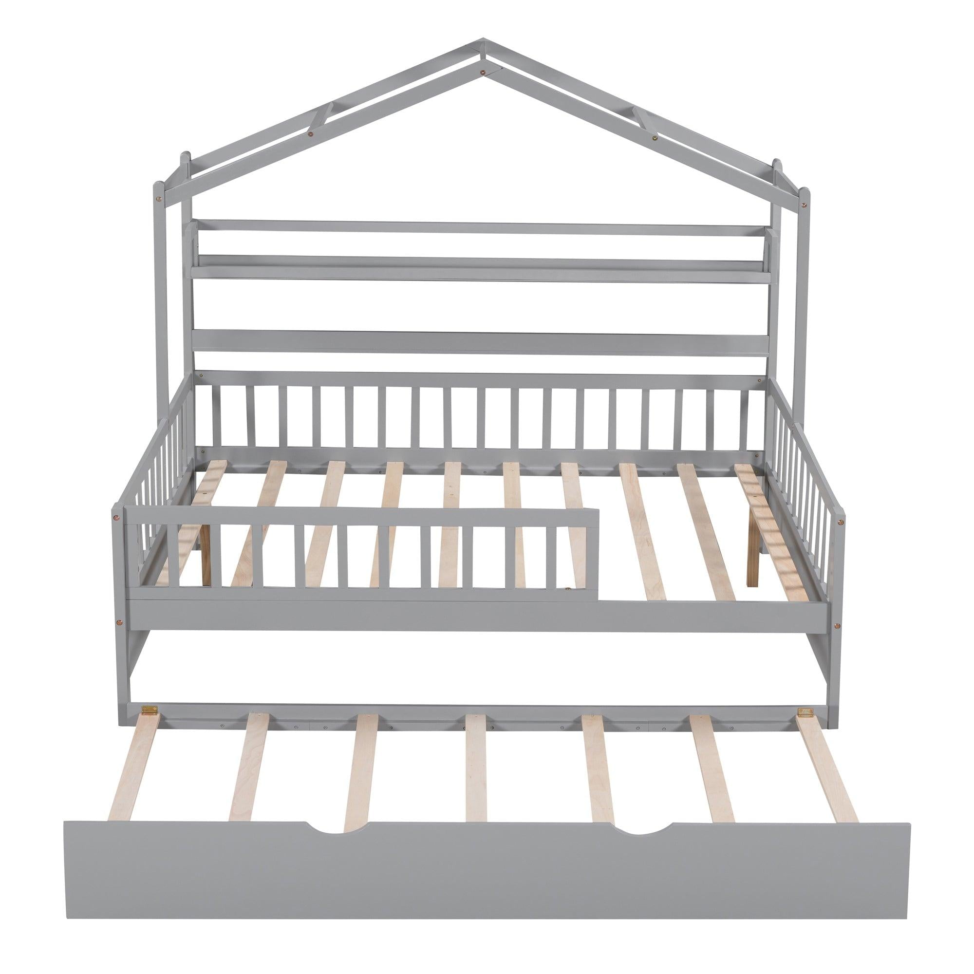 Wooden Full Size House Bed with Twin Size Trundle,Kids Bed with Shelf, Gray