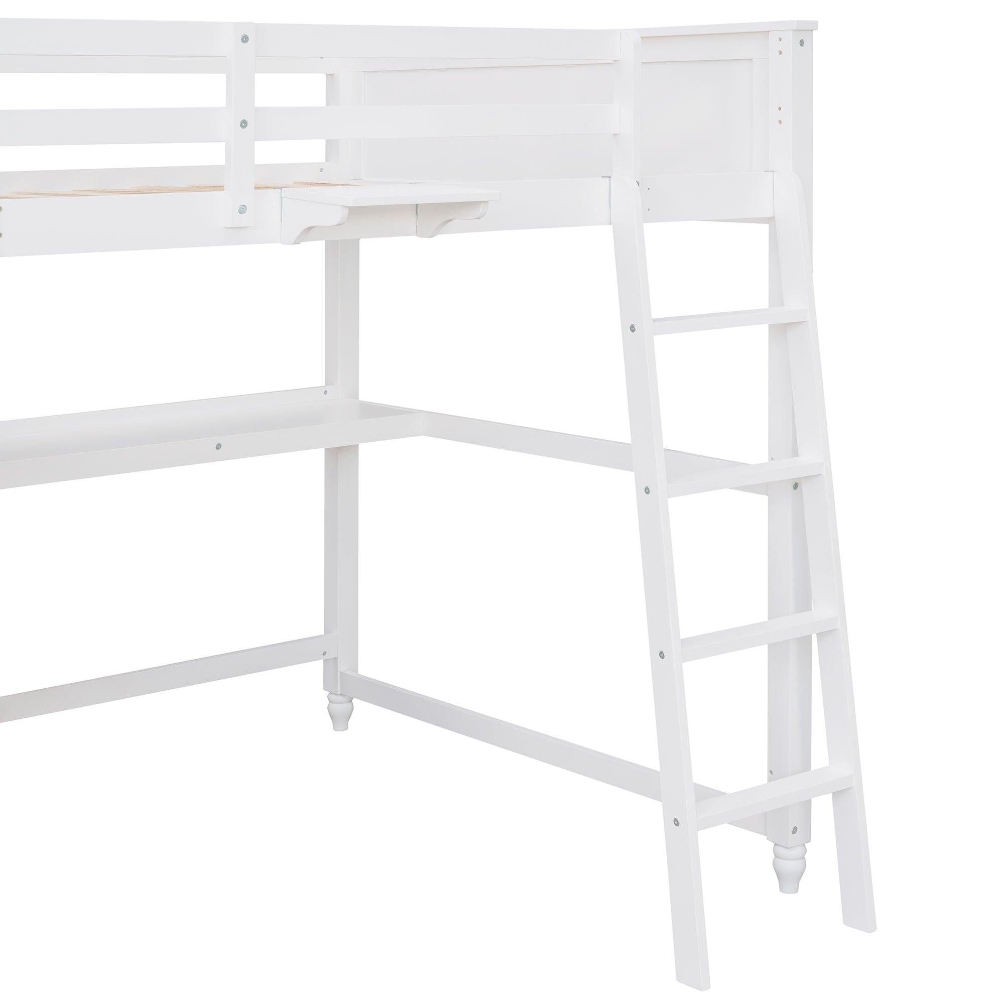 Full size Loft Bed with Drawers and Desk, Wooden Loft Bed with Shelves - White