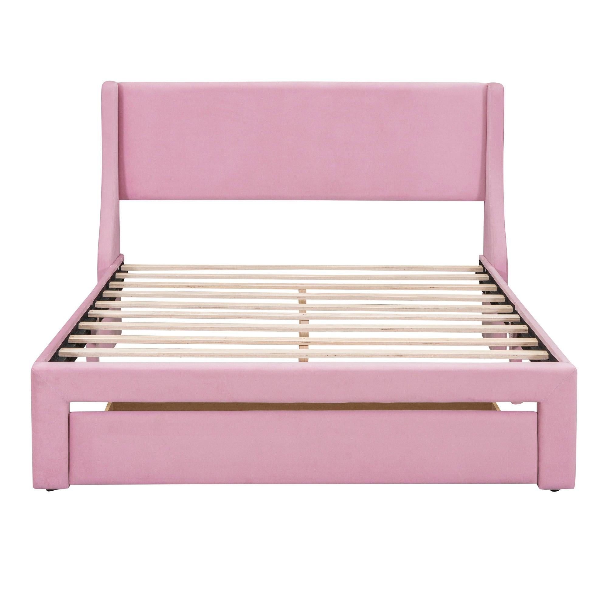 Queen SizeStorage Bed Velvet Upholstered Platform Bed with a Big Drawer - Pink