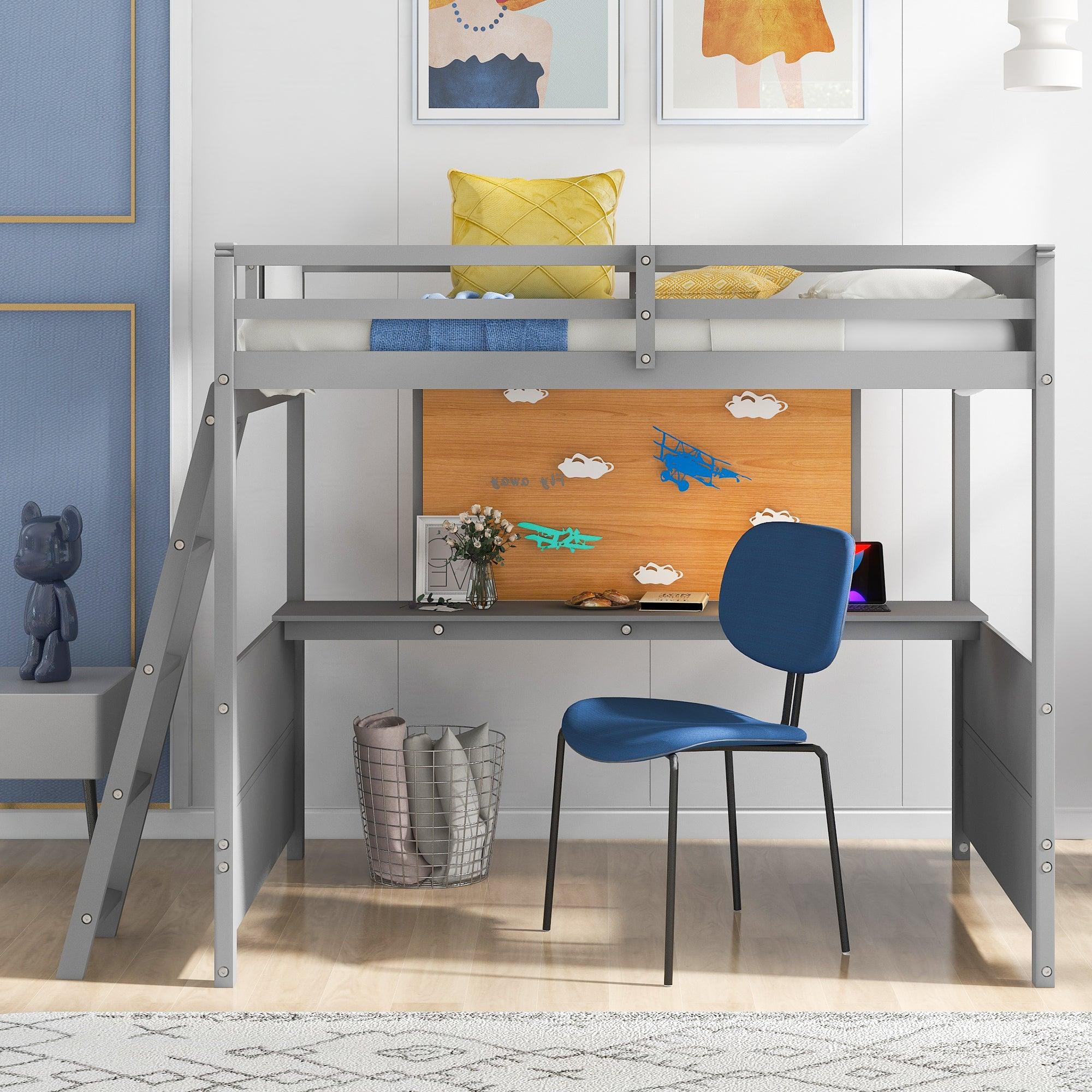 Full size Loft Bed with Desk and Writing Board, Wooden Loft Bed with Desk - Gray