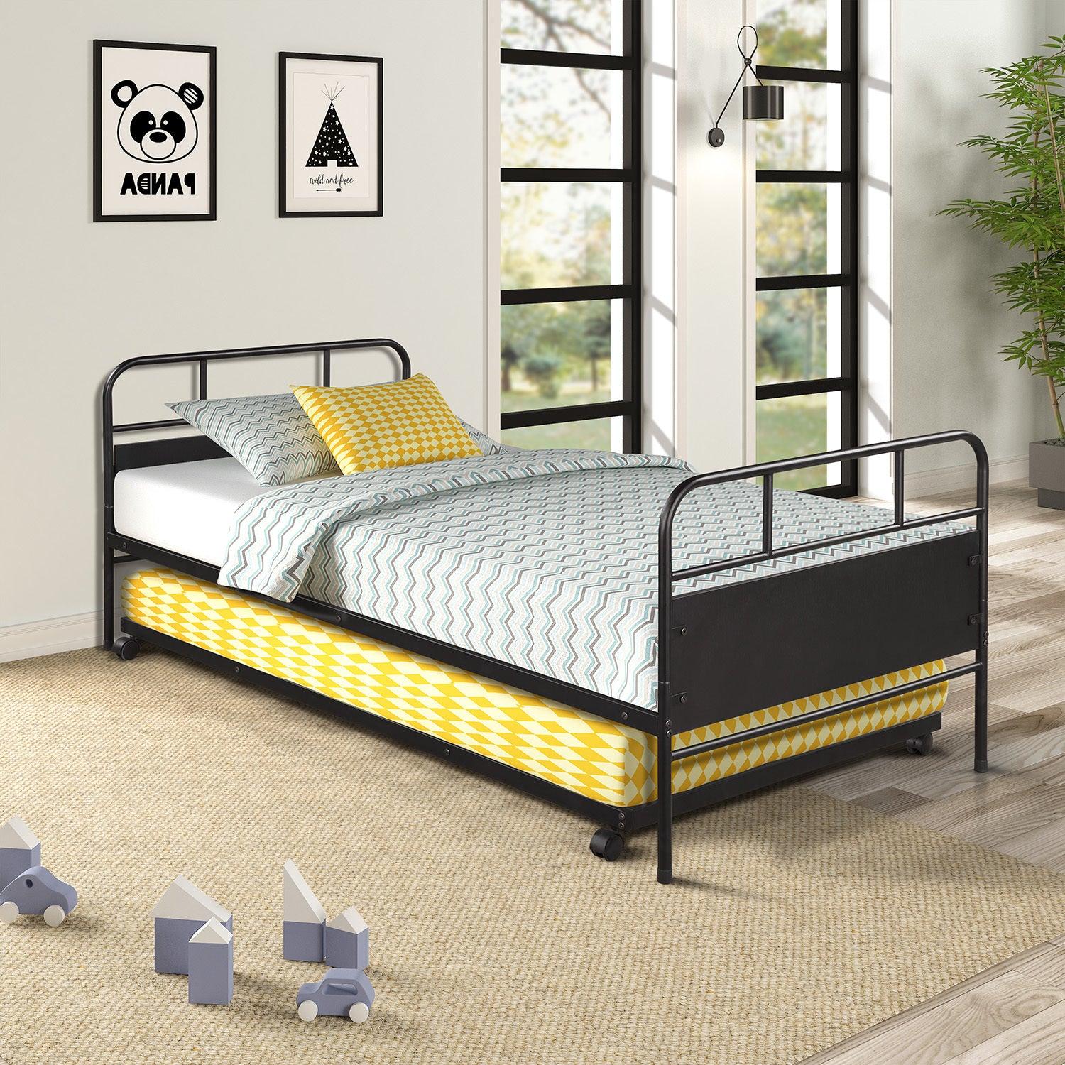 Metal Daybed Platform Bed Frame with Trundle Built-in Casters, Twin Size