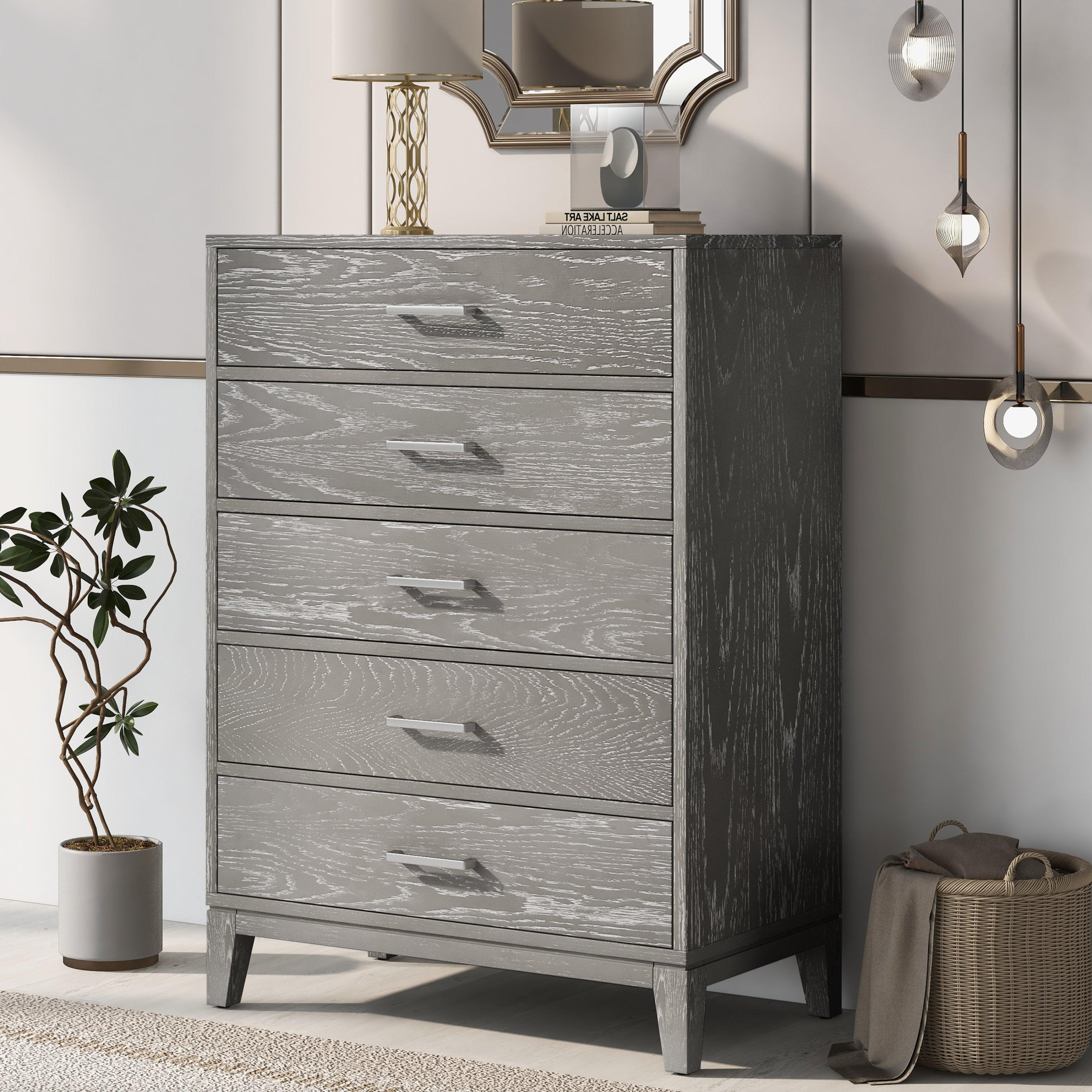 Modern Concise Style Solid wood Grey grain Five-Drawer Chest with Tapered Legs and Smooth Gliding Drawers