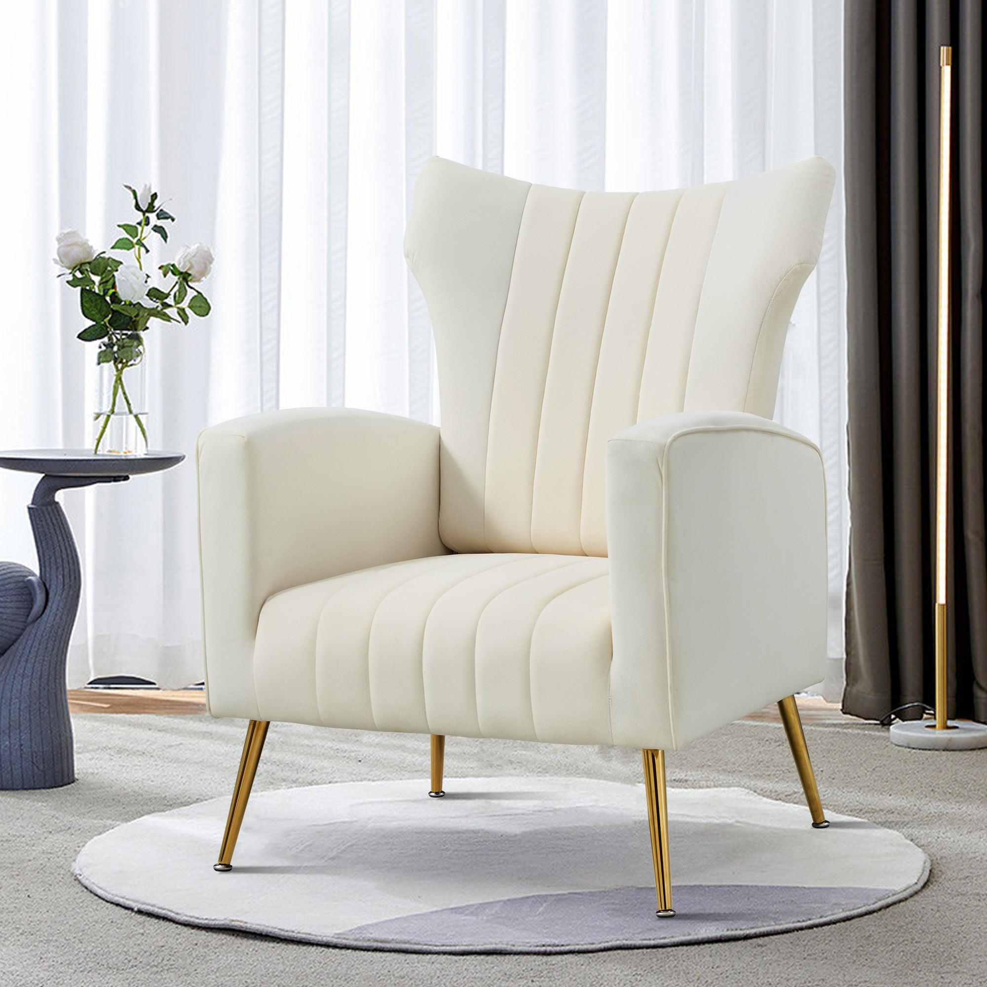 Modern Velvet Accent Chair with Arms, Wingback Reading Chair with Gold Metal Legs, Comfy Upholstered Single Leisure Sofa for Living Room Bedroom Club(Velvet+White) image