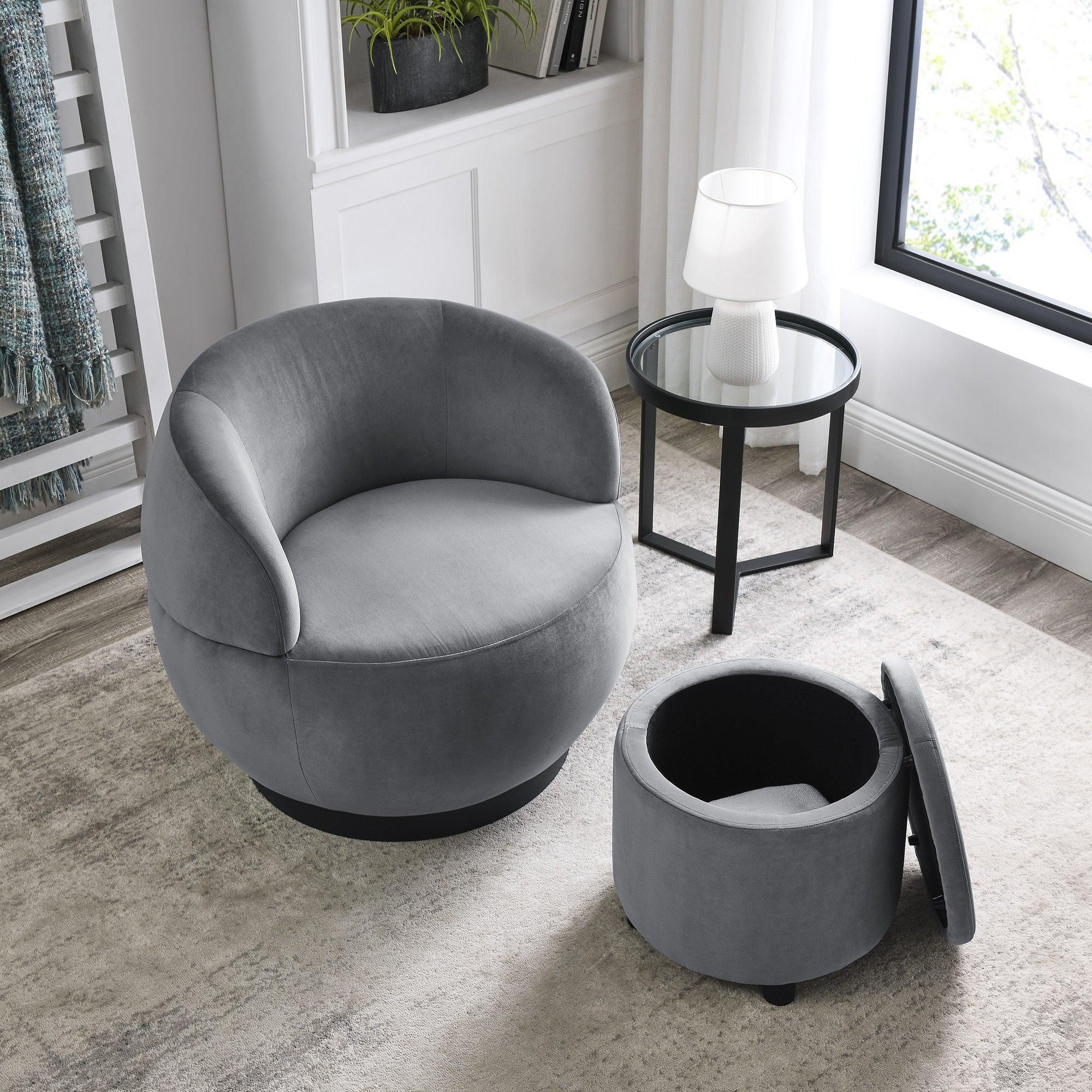 Swviel Barrel Chair with Black Stainless Steel Base, withStorage Ottoman, Velvet, Grey