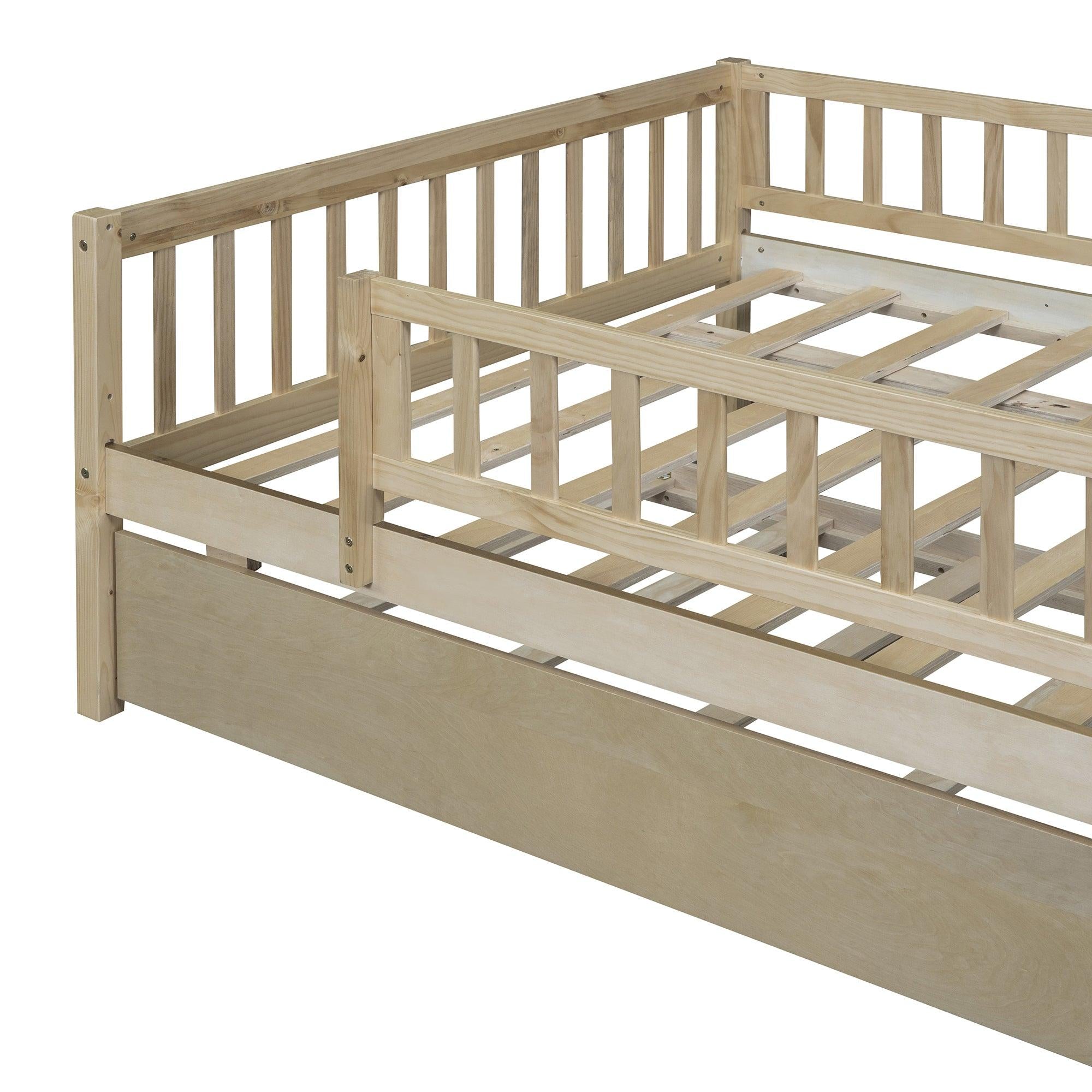 Full Size Wood Daybed with Trundle and Fence Guardrails, Natural