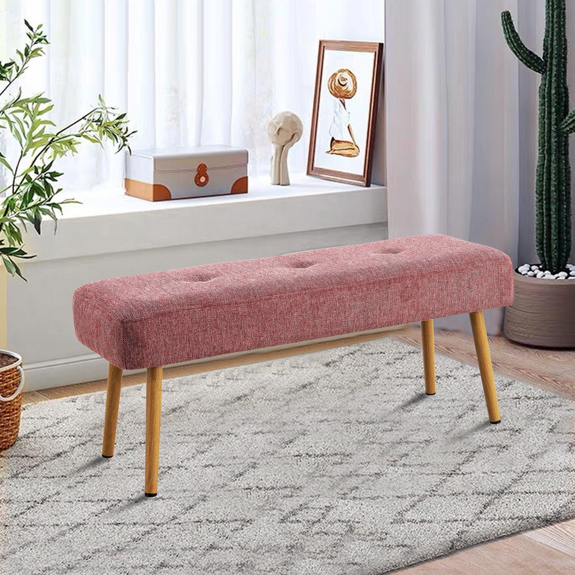 Linen Fabric Upholstered Bench With Gold Metal Legs .Shoe Changing Bench Sofa Bench Dining Chair .for to Bedroom Fitting Room, Store, Dining Room and Living Room.Dark Pink