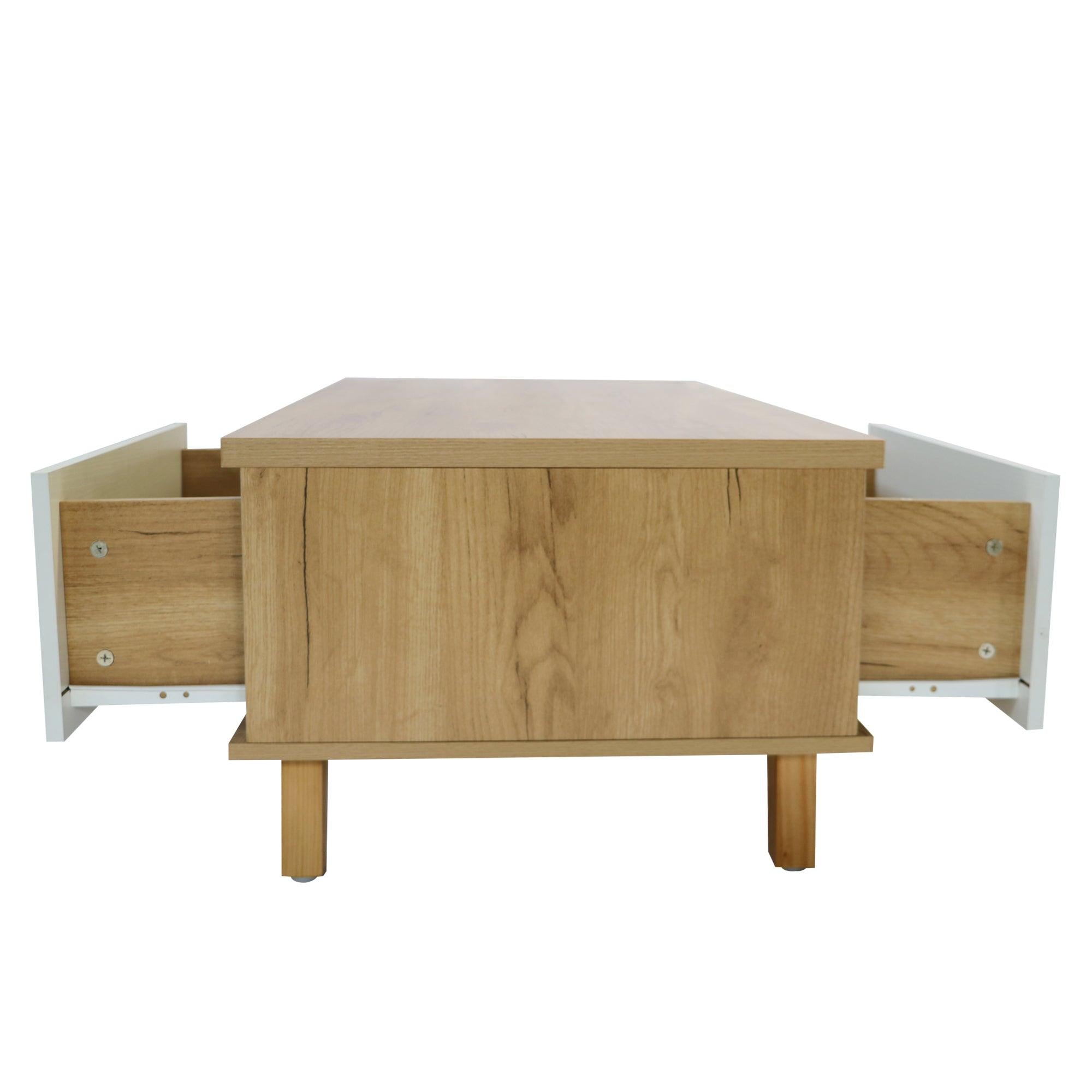 COFFEE TABLE，computer table, wood+white color, solid wood handles and legs, two drawers