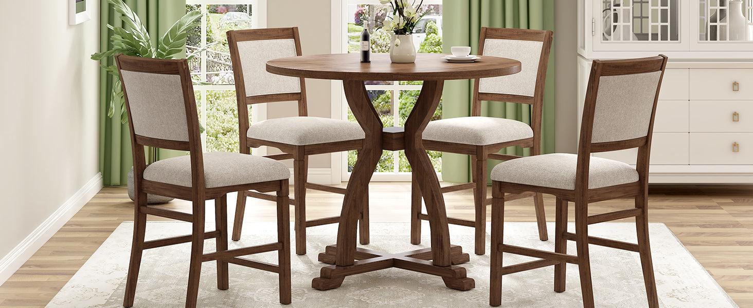 Farmhouse 5-Piece Round Dining Table Set with Trestle Legs and 4 Upholstered Dining Chairs for Small Place, Brown