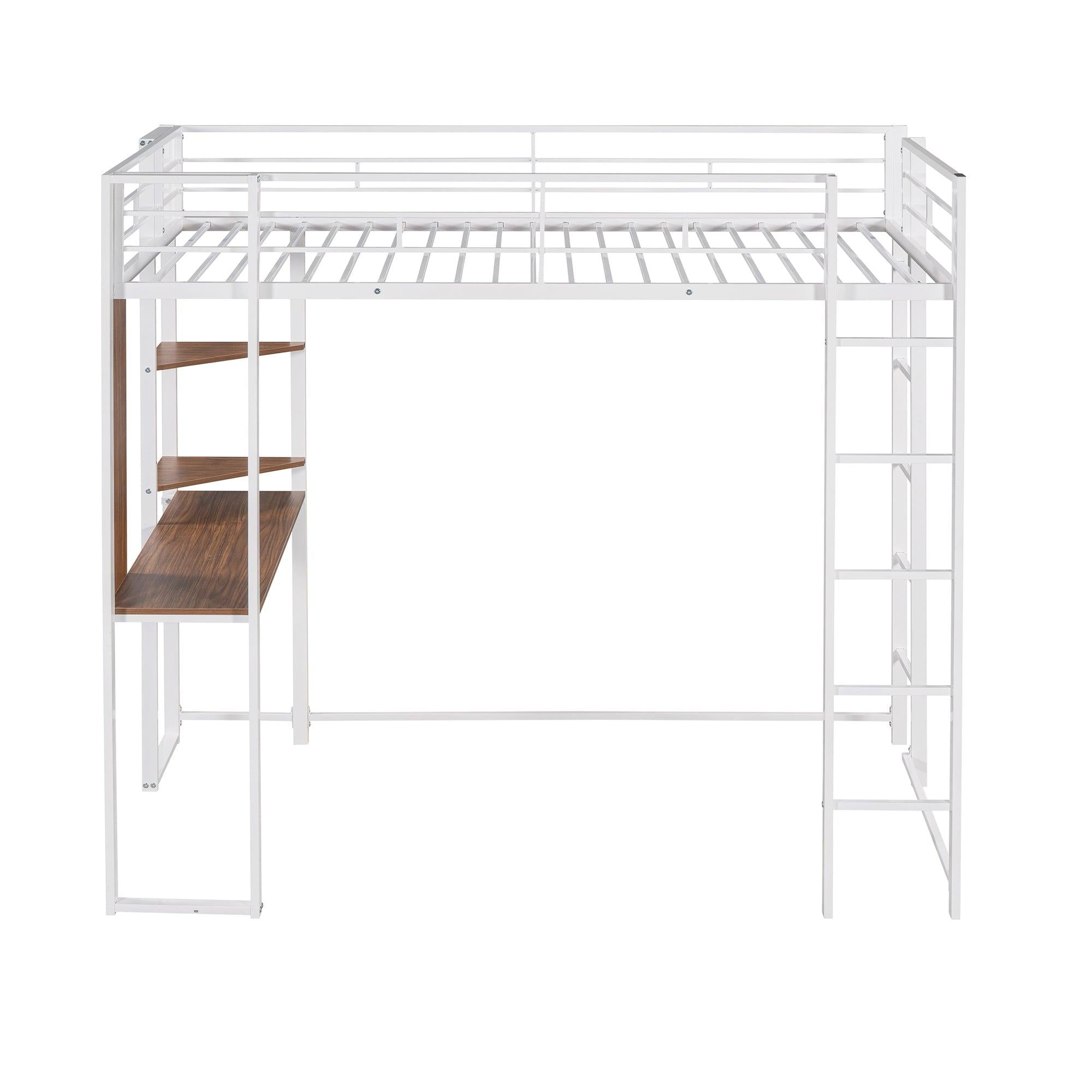 Twin Metal Loft Bed with 2 Shelves and one Desk ,WHITE