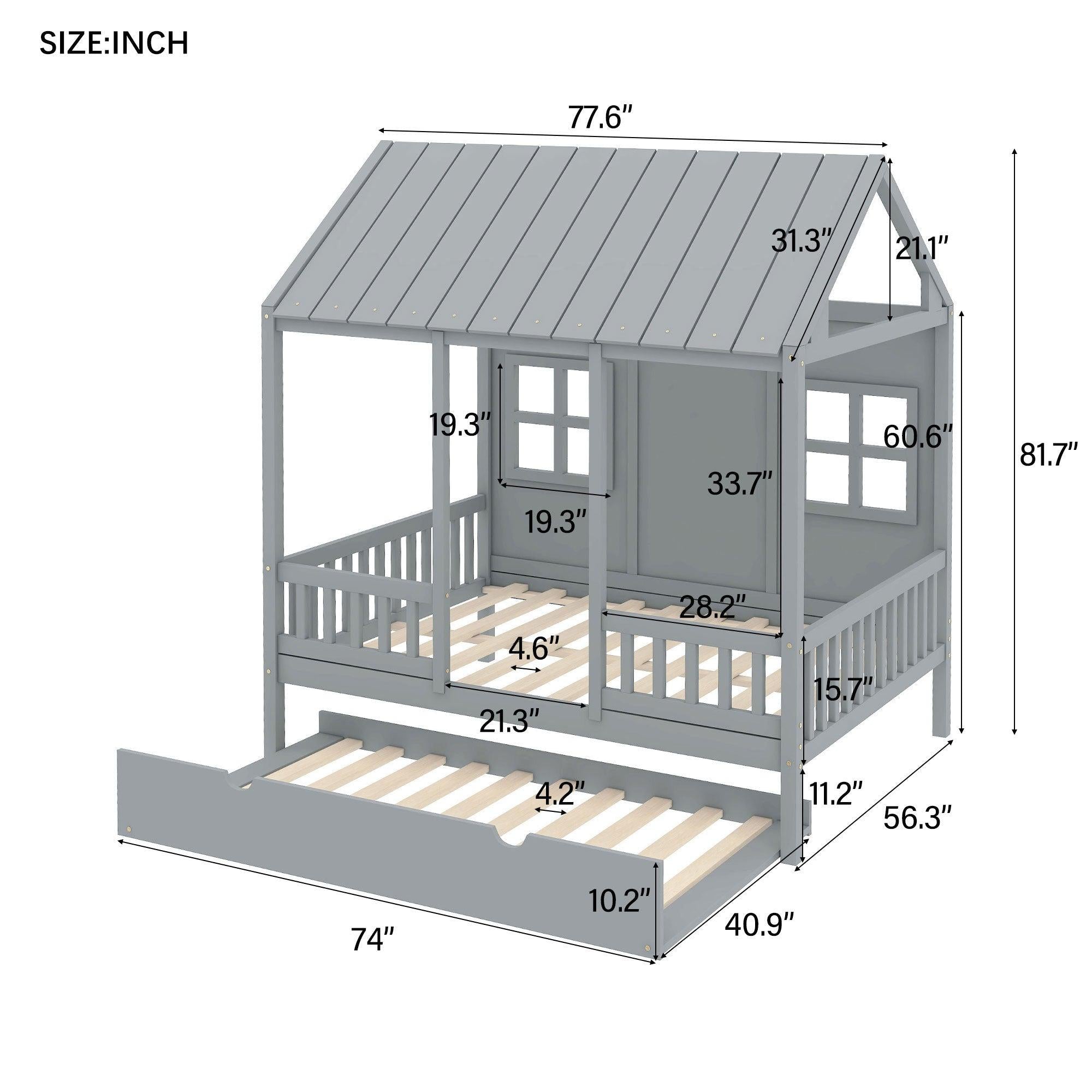 Full Size Wood House Bed With Twin Size Trundle, Wooden Daybed, Gray