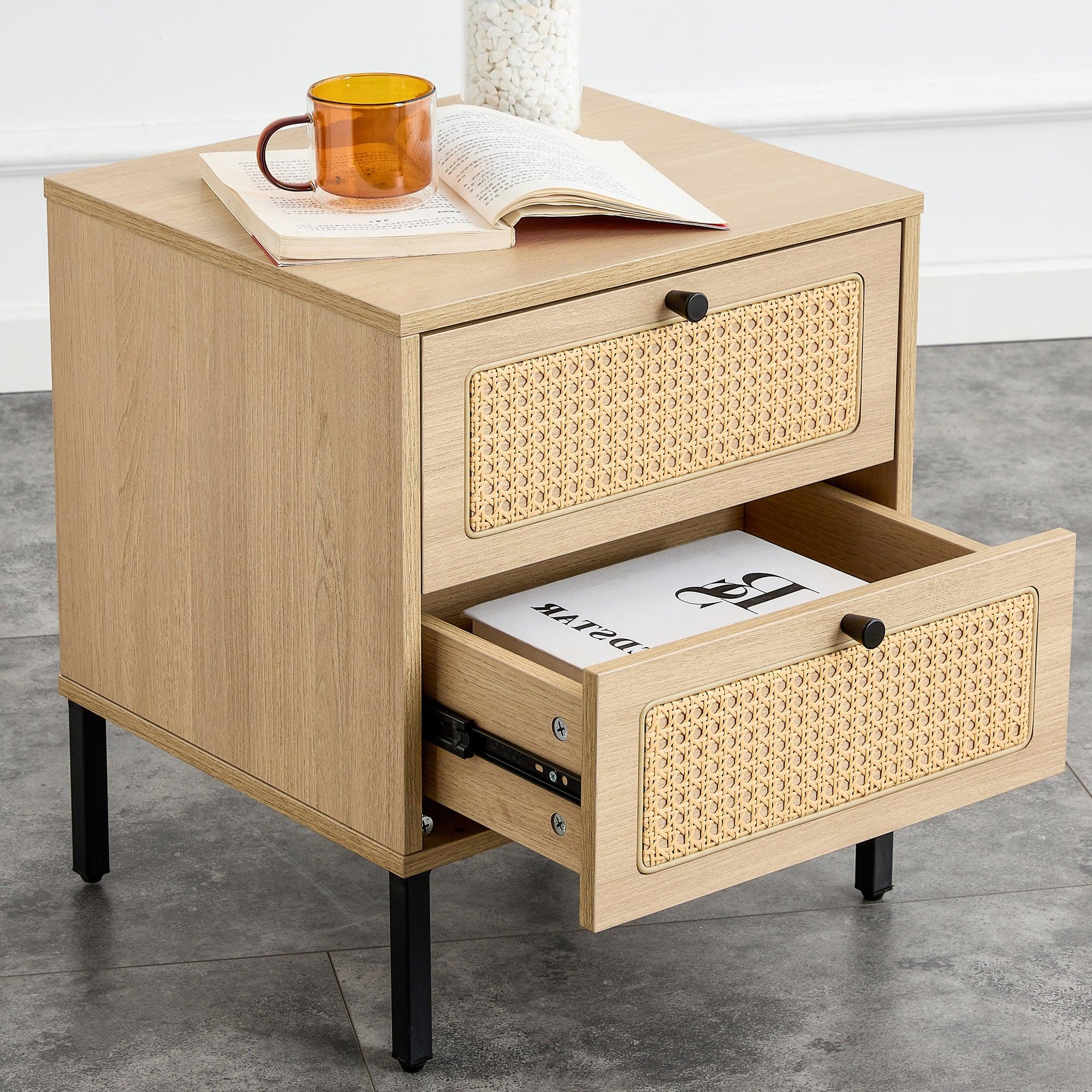 Modern simpleStorage cabinet MDF Board bedside cabinet Japanese rattan bedside cabinet Small household furniture bedside table.Applicable to dressing table in bedroom, porch, living room.2 Drawers image